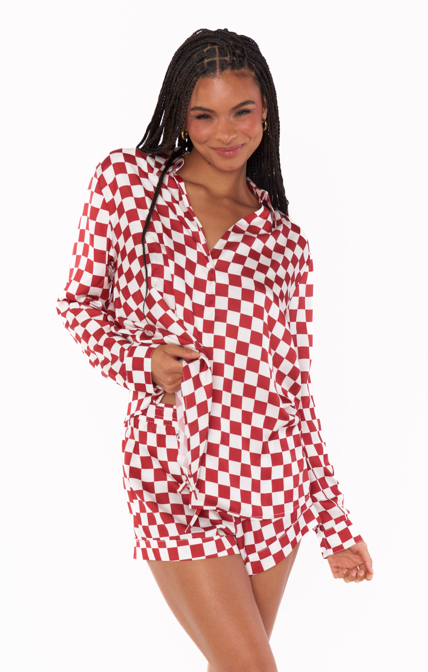 Early Riser Red Checkered Silk Pajama Set for Women - Soft & Comfortable Sleepwear for Nighttime Relaxation and Lounging