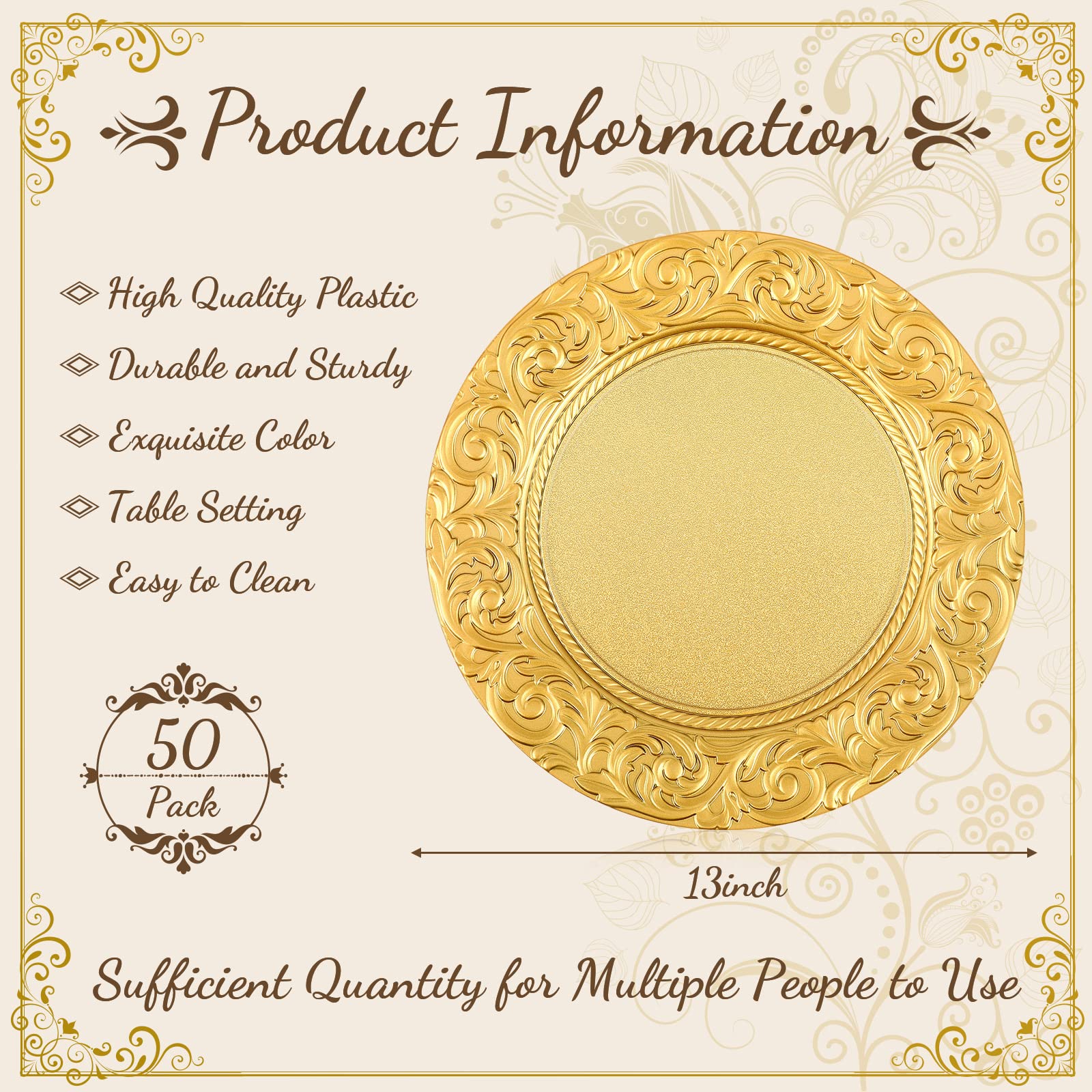 50 Pcs Antique Gold Charger Plates - 13 Inch Embossed Rim Plastic Decorative Dinner Plates for Wedding, Party & Event Table Setting - Elegant Tableware for Formal Dinners, Banquets and Holiday Celebrations