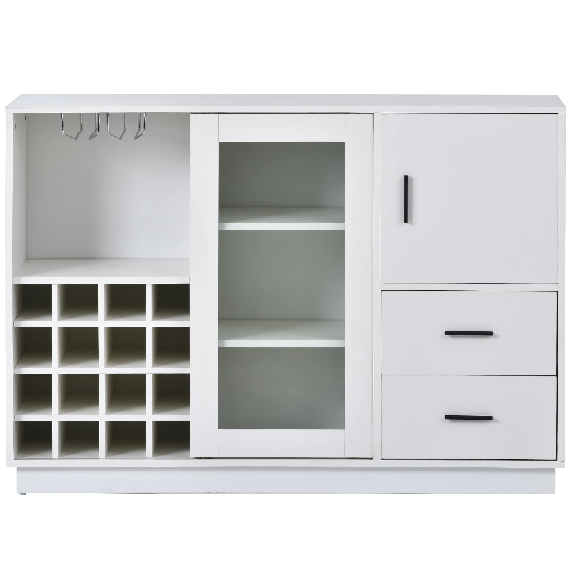 Modern Sideboard Storage Buffet Cabinet with Glass Sliding Doors & Built-in 16-Bottle Wine Rack - Kitchen Dining Room Furniture with Wine Glass Holder (White) - Perfect for Small Space Dining Rooms, Open Kitchens & Entertaining Guests