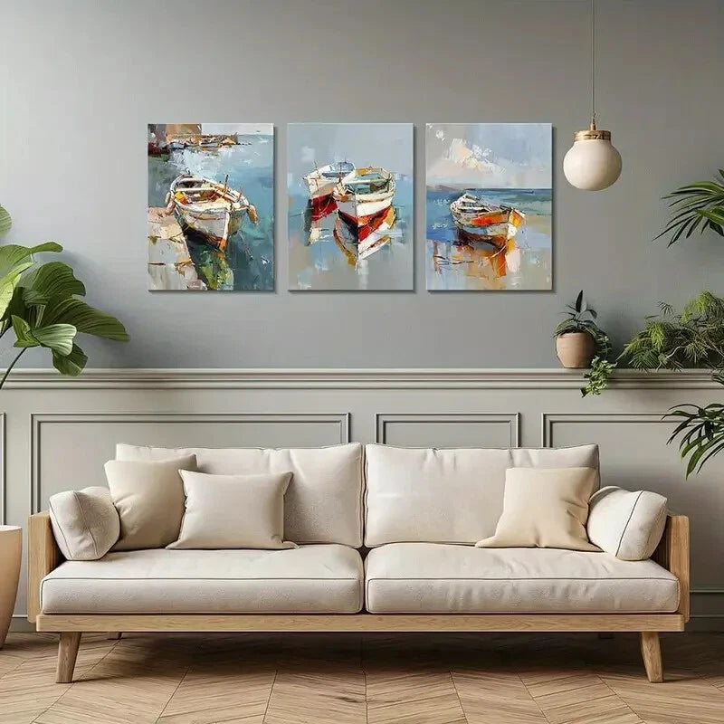 3-Piece Abstract Coastal Boat Metal Wall Art - Ready to Hang Ocean Themed Decor for Living Room, Bedroom & Office