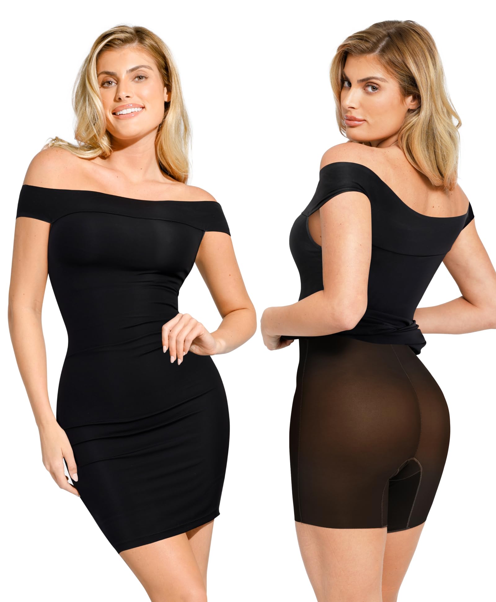 Popilush Women's Shapewear Cocktail Dress - Black Off-The-Shoulder Short Sleeve Bodycon Midi Dress for Wedding Guest, Party & Special Occasions | Slimming & Comfortable Formal Wear