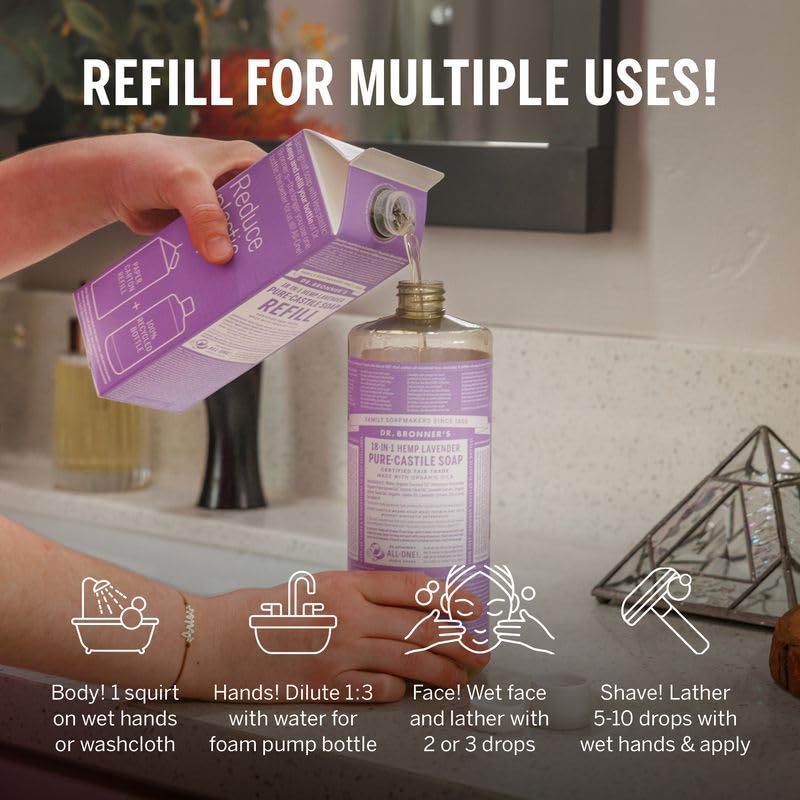 Dr. Bronner's Pure-Castile Liquid Soap Refill - 32oz Lavender, Organic Certified, 82% Less Plastic - 18-in-1 Uses: Face Wash, Body Wash, Hand Soap, Shampoo, Household Cleaner - Perfect for Eco-Friendly Home, Travel & Camping