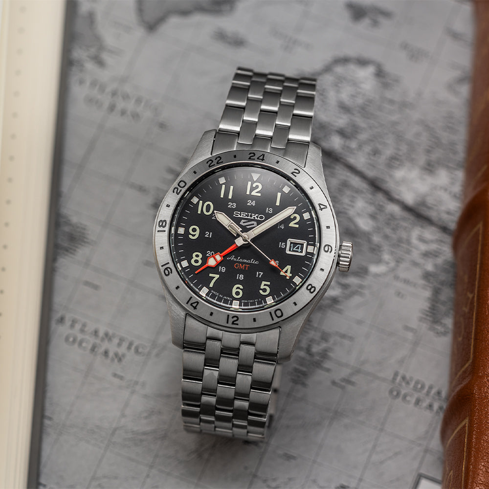 SSK023 5 Sports Field GMT 39.4mm Black Stainless Steel Watch for Men - Perfect for Travel, Business & Outdoor Adventures