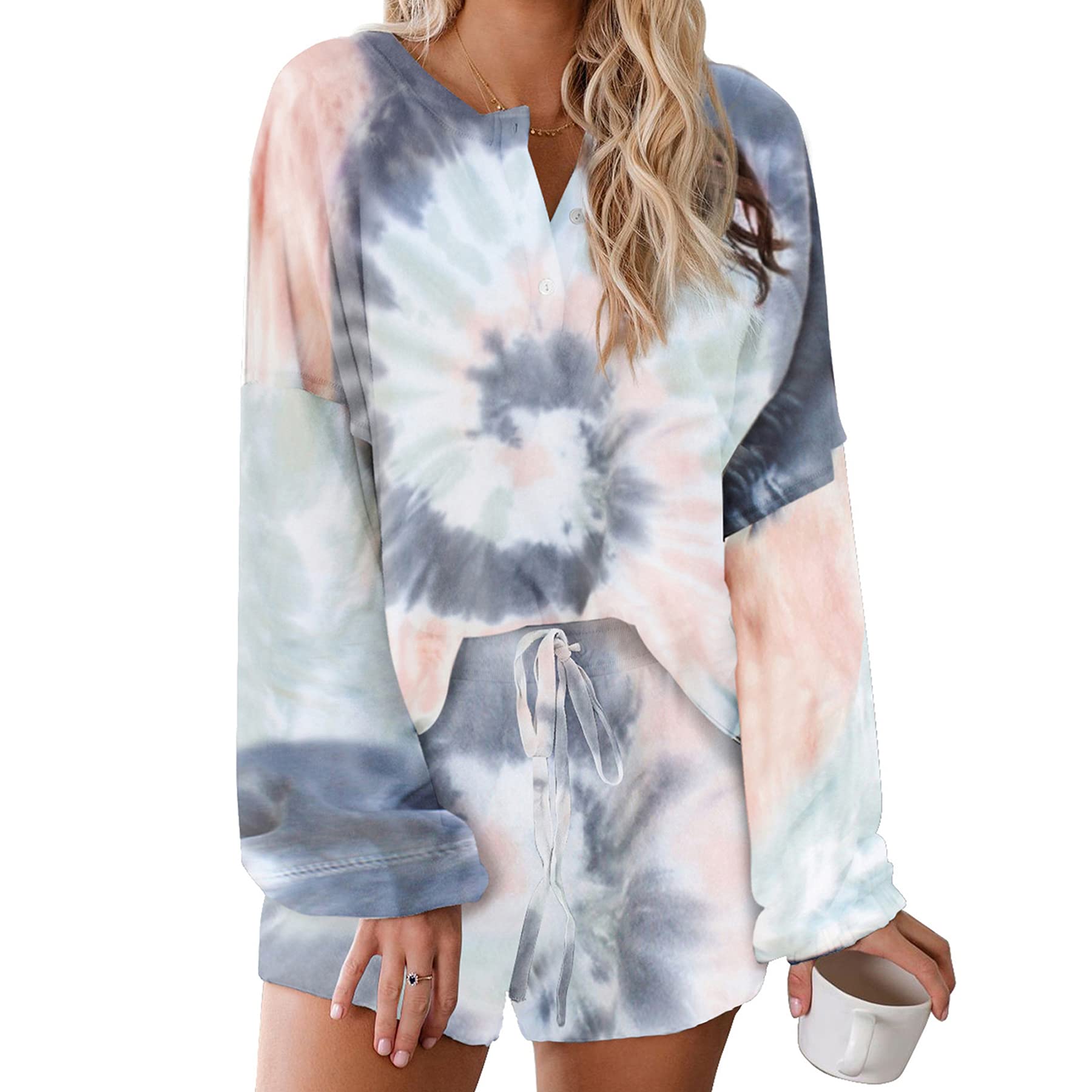 Zando Women's Long Sleeve Pajama Set - 2 Piece Cotton Sleepwear with Shorts & Top | Cozy Lounge Wear for Sleeping, Relaxing at Home, and Travel