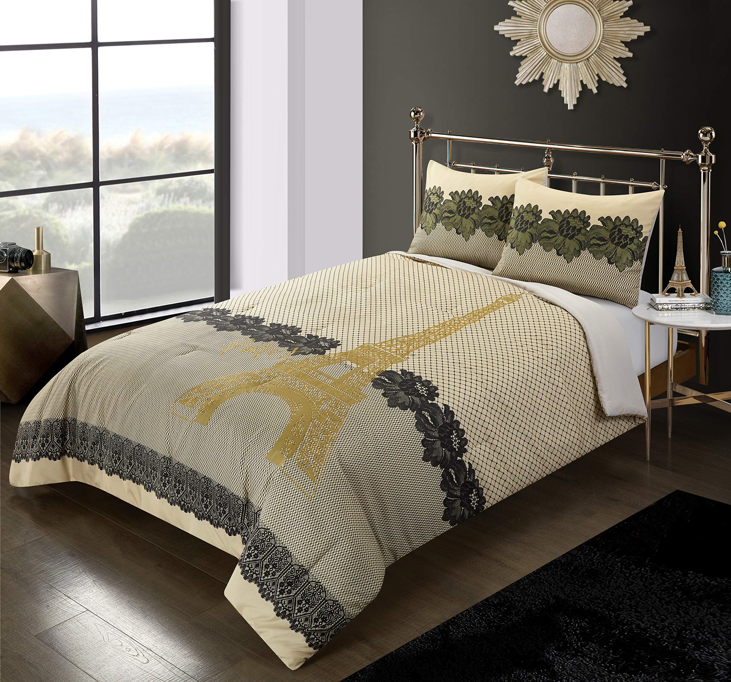 Luxury Casa Paris Lace Comforter Set King Size - Elegant Gold Bedding for Master Bedroom | Perfect for Wedding, Anniversary & Romantic Home Decor