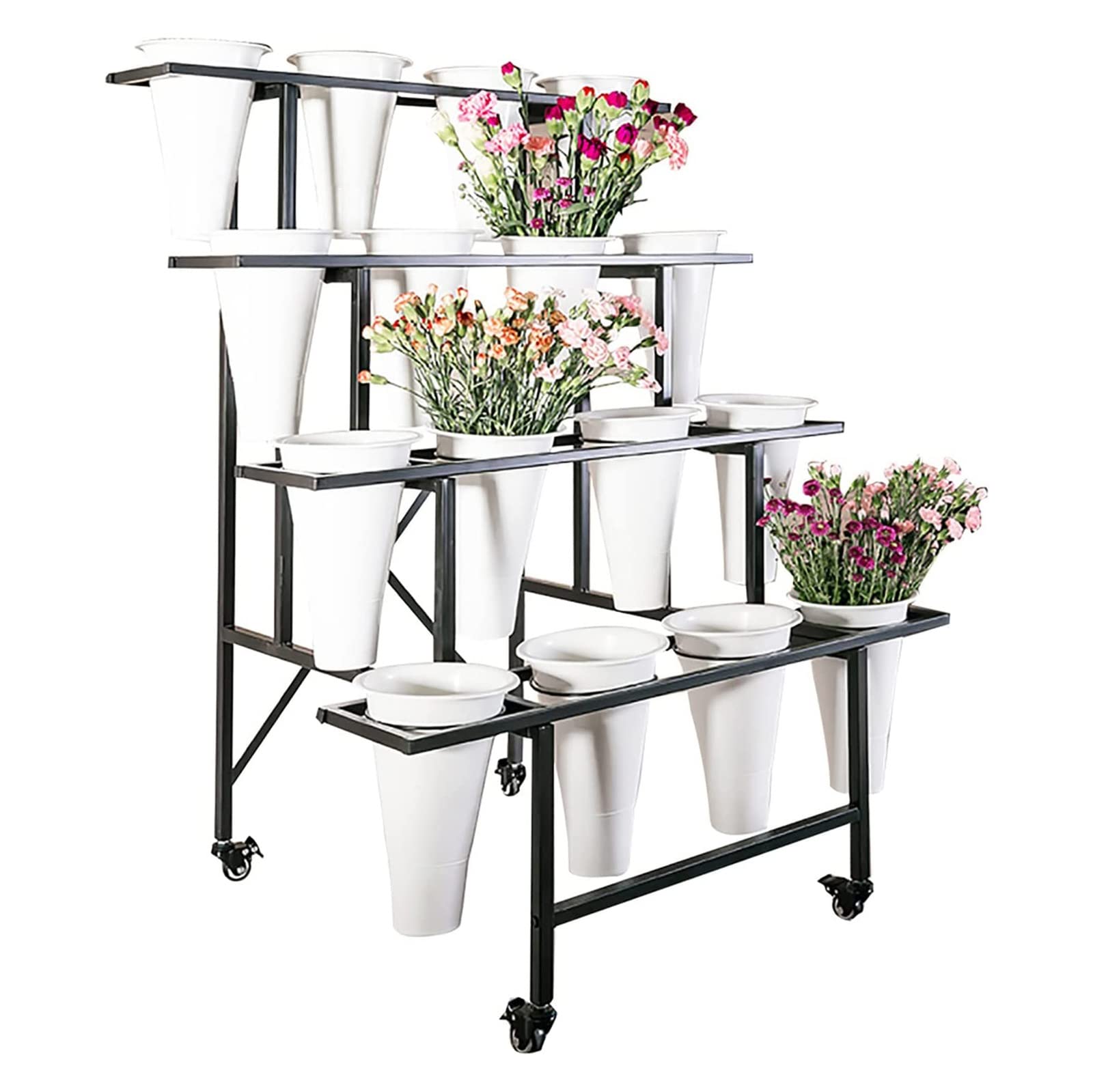 Heavy Duty Rolling Flower Stand with Wheels - 35.43x31.1x44.88in Plant Display Shelf with Plastic Buckets for Fresh Flowers - Perfect for Corner Patio, Home Decor, and as Thoughtful Gift for Parents (Ideal for Florists, Weddings & Indoor/Outdoor Use)