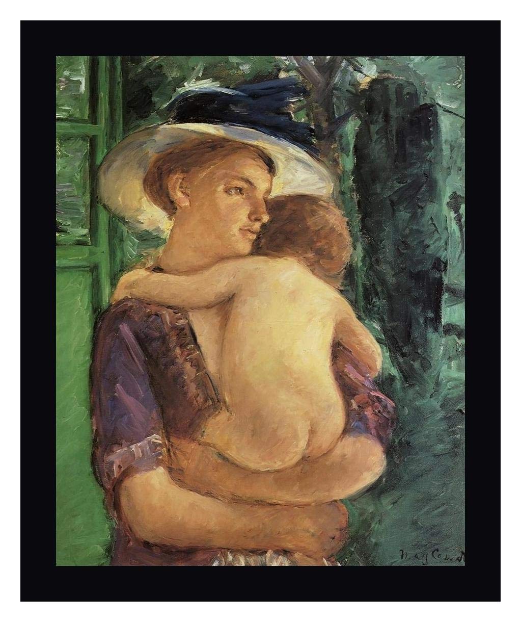 Mary Cassatt 'Mother in Hat Holding Her Nude Baby Seen in Back View 1909' - 29x36 Inch Black Framed Canvas Art Print - Ready to Hang Wall Decor for Living Room, Bedroom, Office