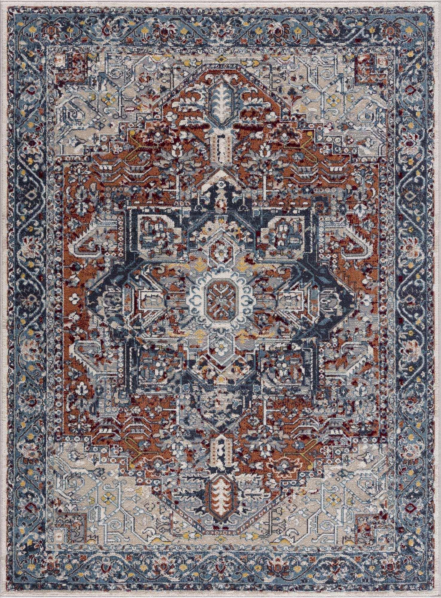 Hauteloom Uson Machine Washable Area Rug for Living Room & Bedroom - Traditional Design in Teal, Blue, Rust - 6'7
