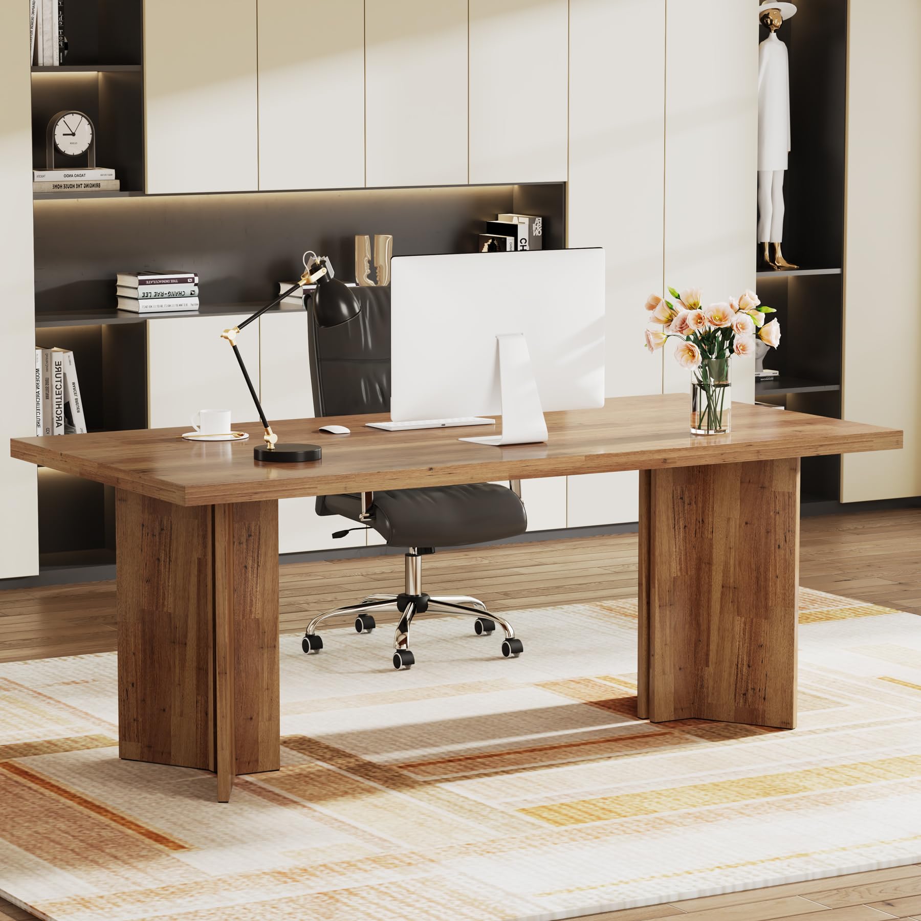 Tribesigns 63-inch Vintage Executive Desk - Farmhouse Style Solid Wood Computer Desk with Large Tabletop, Home Office Workstation in Walnut Brown | Perfect for Remote Work, Study, Conference & Writing Tasks