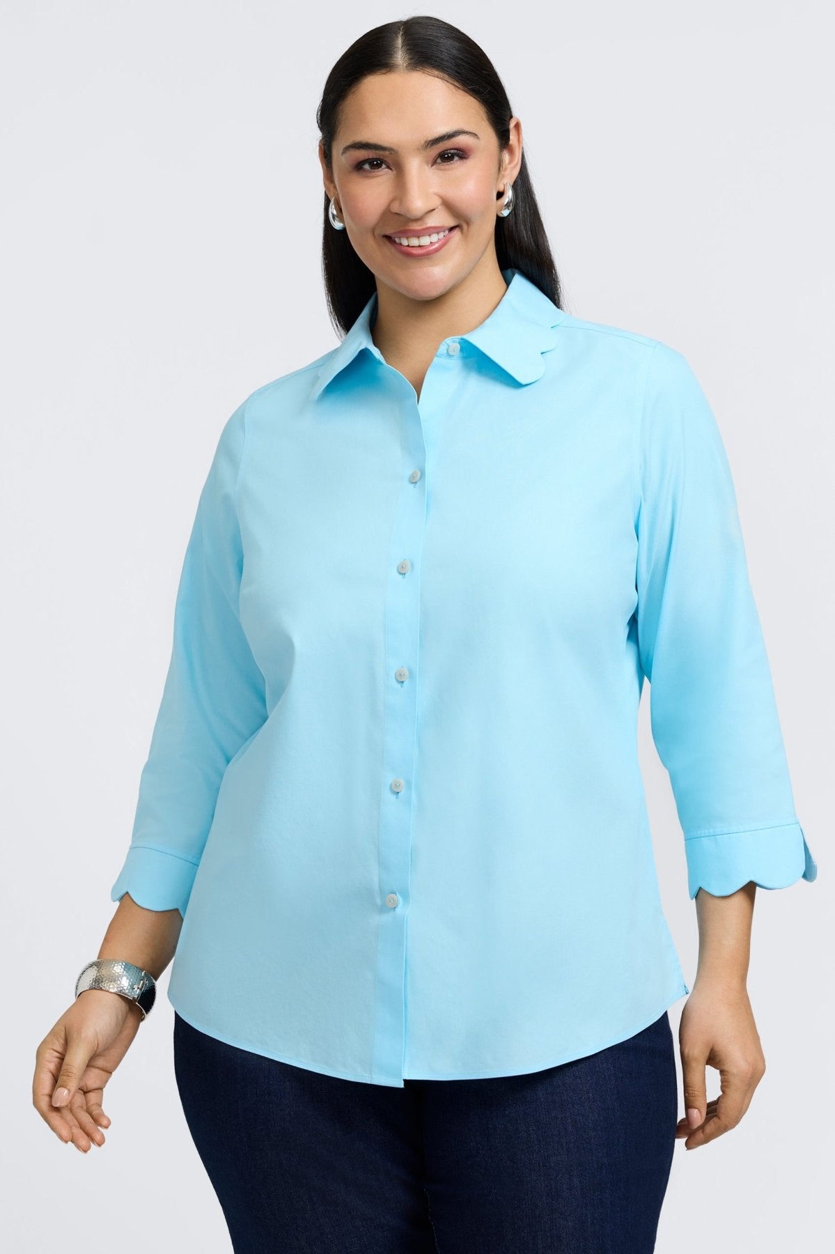 Gwen Plus No Iron Pinpoint 3/4 Sleeve Shirt for Women - Wrinkle-Free Office Blouse & Business Casual Wear