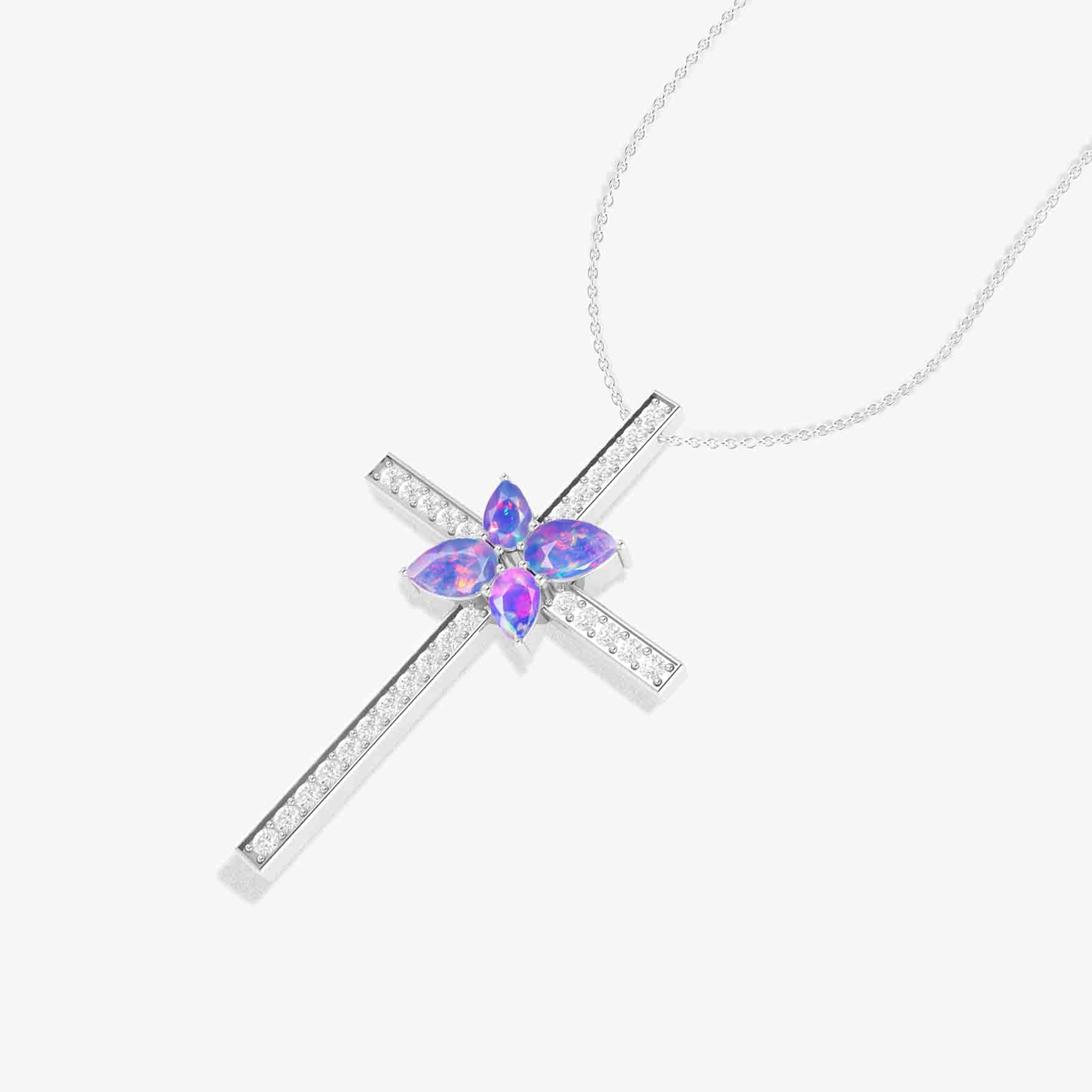 Natural Lavender Opal Cross Pendant Necklace - Elegant Religious Jewelry for Women, Gift for Baptism, Confirmation & Everyday Wear