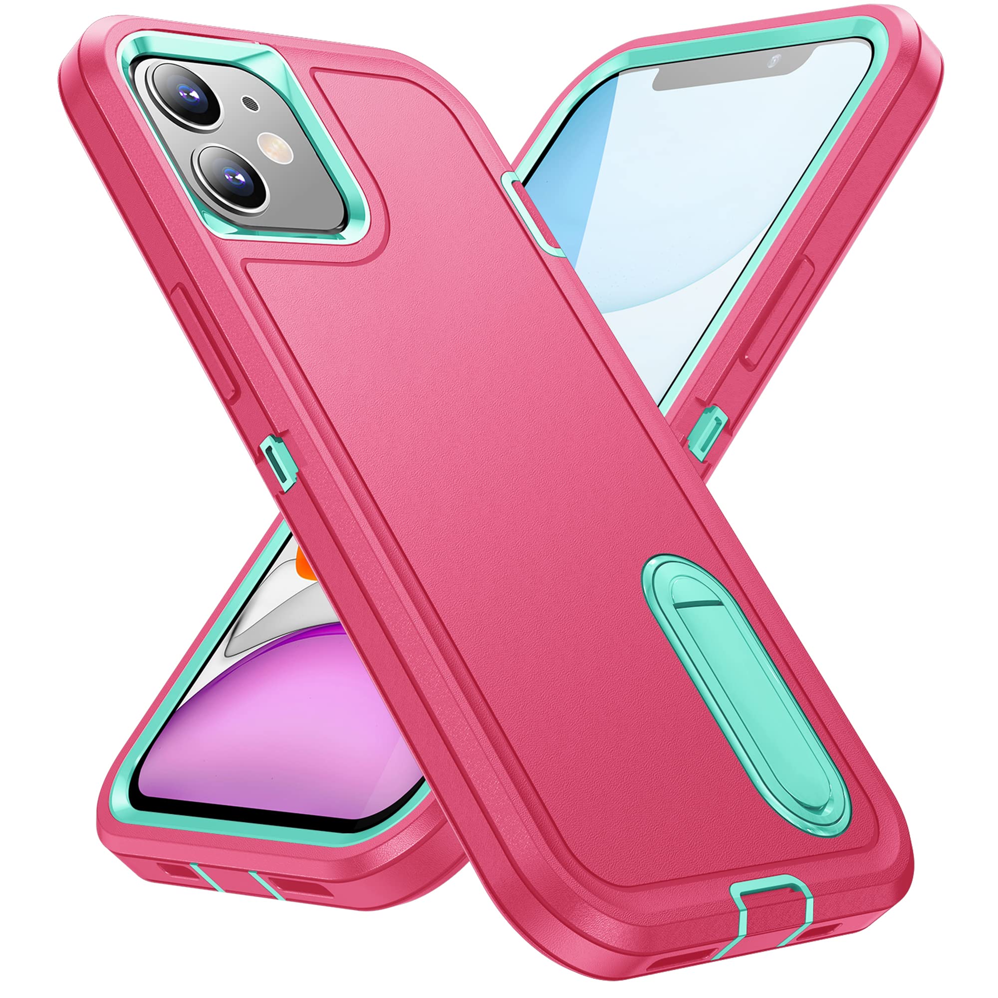 BaHaHoues Shockproof Military Grade iPhone 11 Case with Built-in Kickstand | Drop-Proof Protective Cover for iPhone 11 6.1 Inch (Pink/Aqua Blue) | Perfect for Outdoor Activities, Travel & Daily Protection