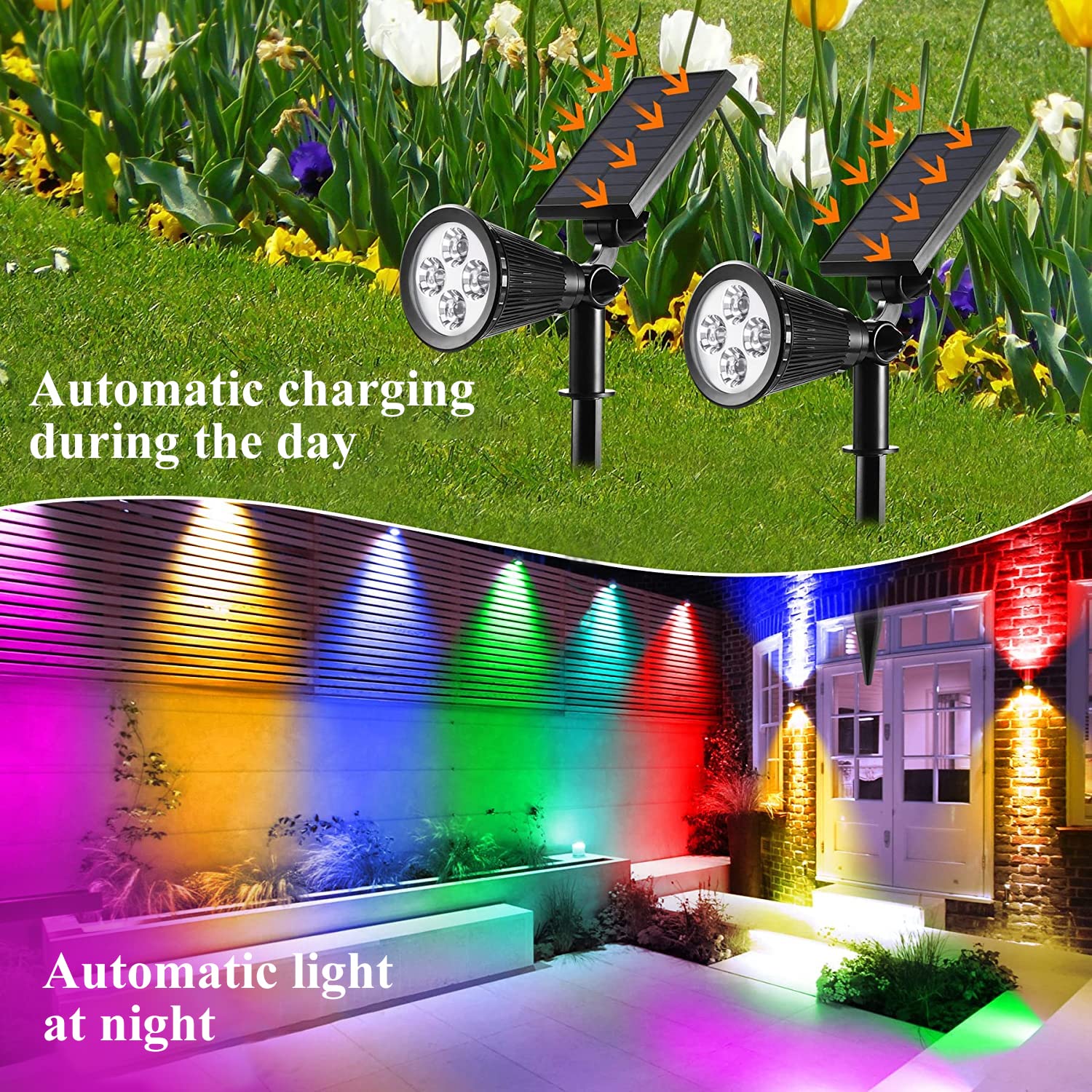 Solar-Powered Outdoor Flood Lights - 2 Pack Color Changing Garden Lights, Waterproof & Automatic On/Off - Perfect for Pathway, Patio, Yard, and Landscape Lighting at Night