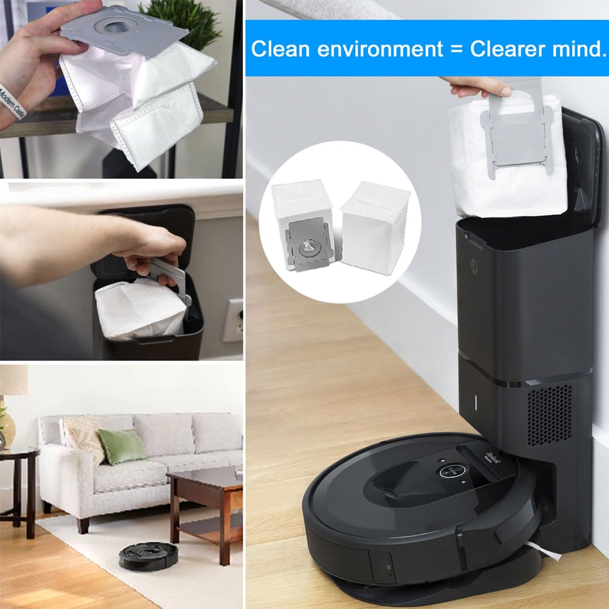 6 Pack Vacuum Bags for iRobot Roomba i, j & s Series - Compatible with Self-Emptying Robot Vacuum Clean Base - Premium Dust Disposal Bags for Pet Hair & Allergens - Perfect for Smart Home Cleaning & Maintenance