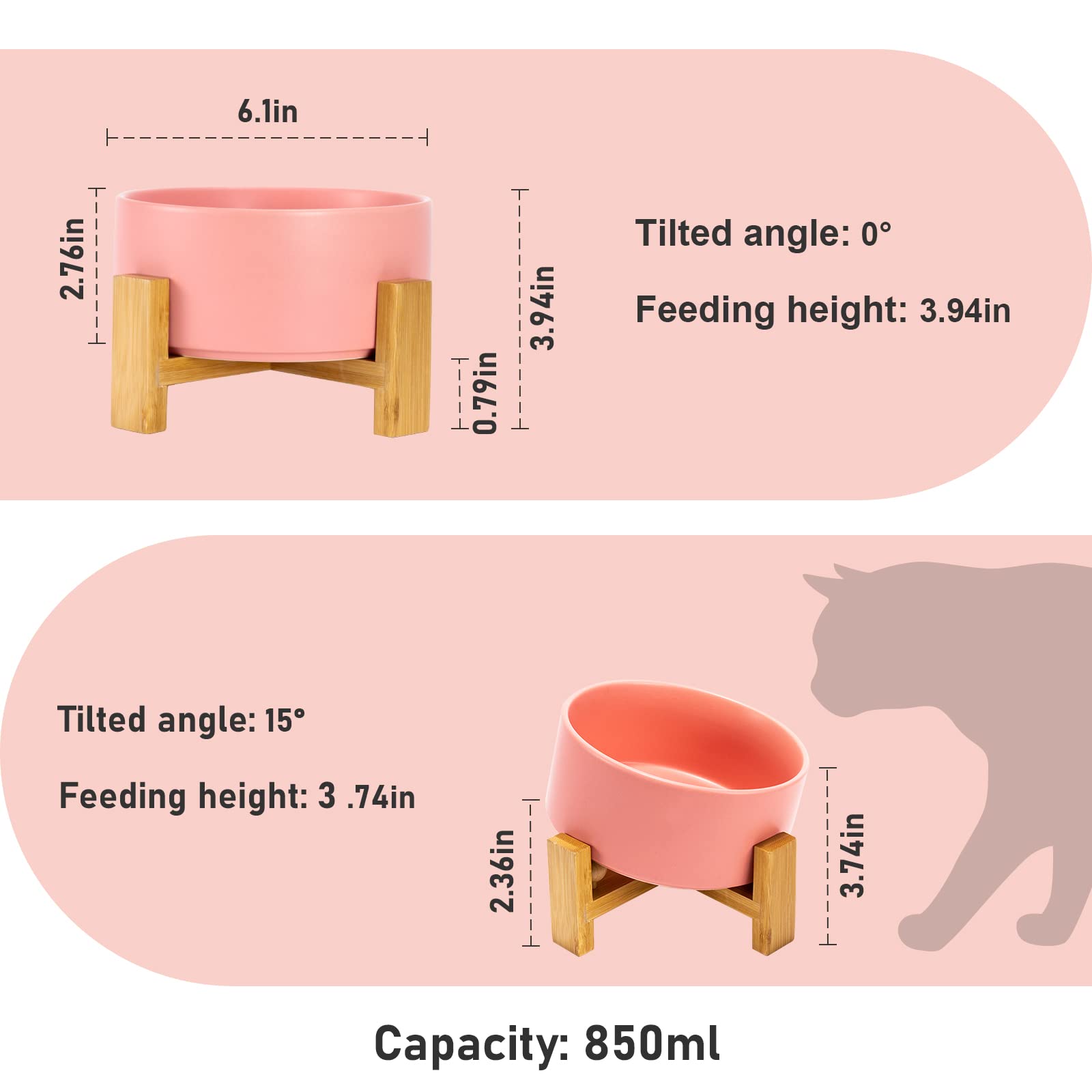 SPUNKYJUNKY 15° Slanted Ceramic Pet Bowl with Wooden Stand - Non-Slip Tilted Dog & Cat Food Water Dish for Bulldogs, Flat-Faced Breeds - 28.7oz (3.6 Cups) Pink - Perfect for Messy Eaters & Elderly Pets