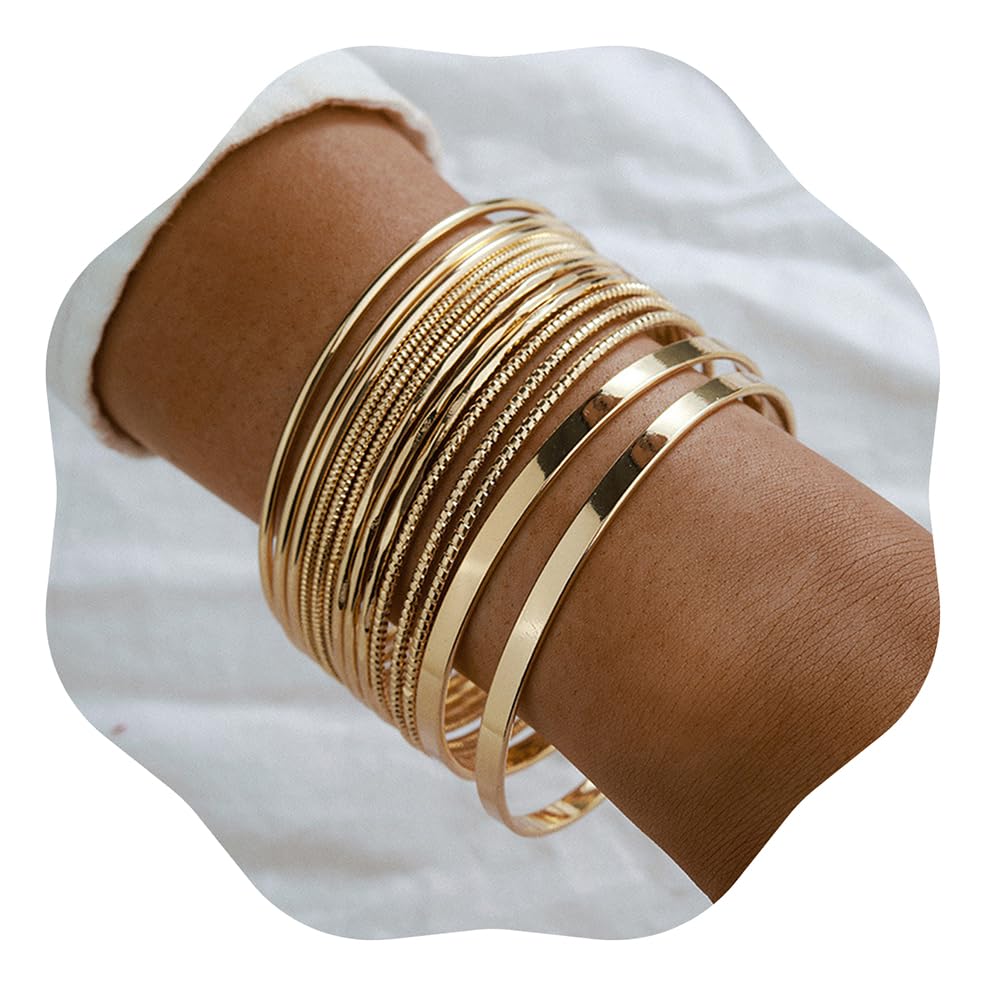 Xerling 14Pcs Golden Boho Indian Multi Bangle Bracelet Set - Punk Chunky Stackable Textured Bracelets for Women - Perfect for Layering, Festivals & Boho Fashion