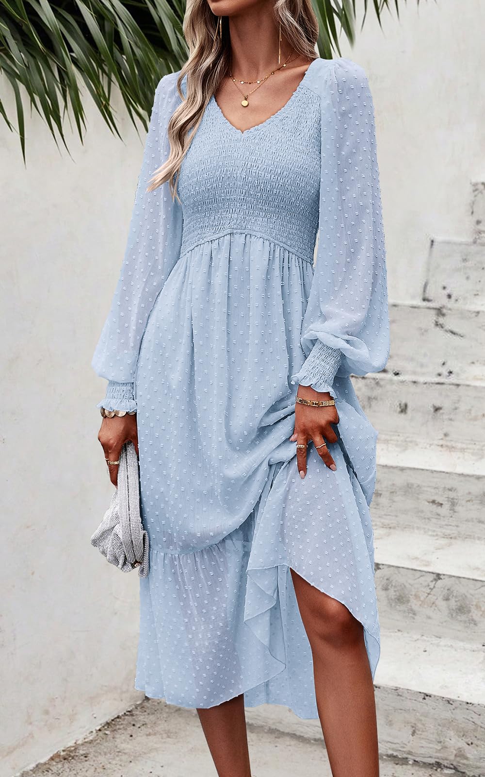 PRETTYGARDEN Women's Spring Dresses 2025 - Long Sleeve V Neck Swiss Dot Chiffon Midi Dress with Empire Waist & Ruffle Details | Elegant Casual Wear for Office, Party & Special Occasions