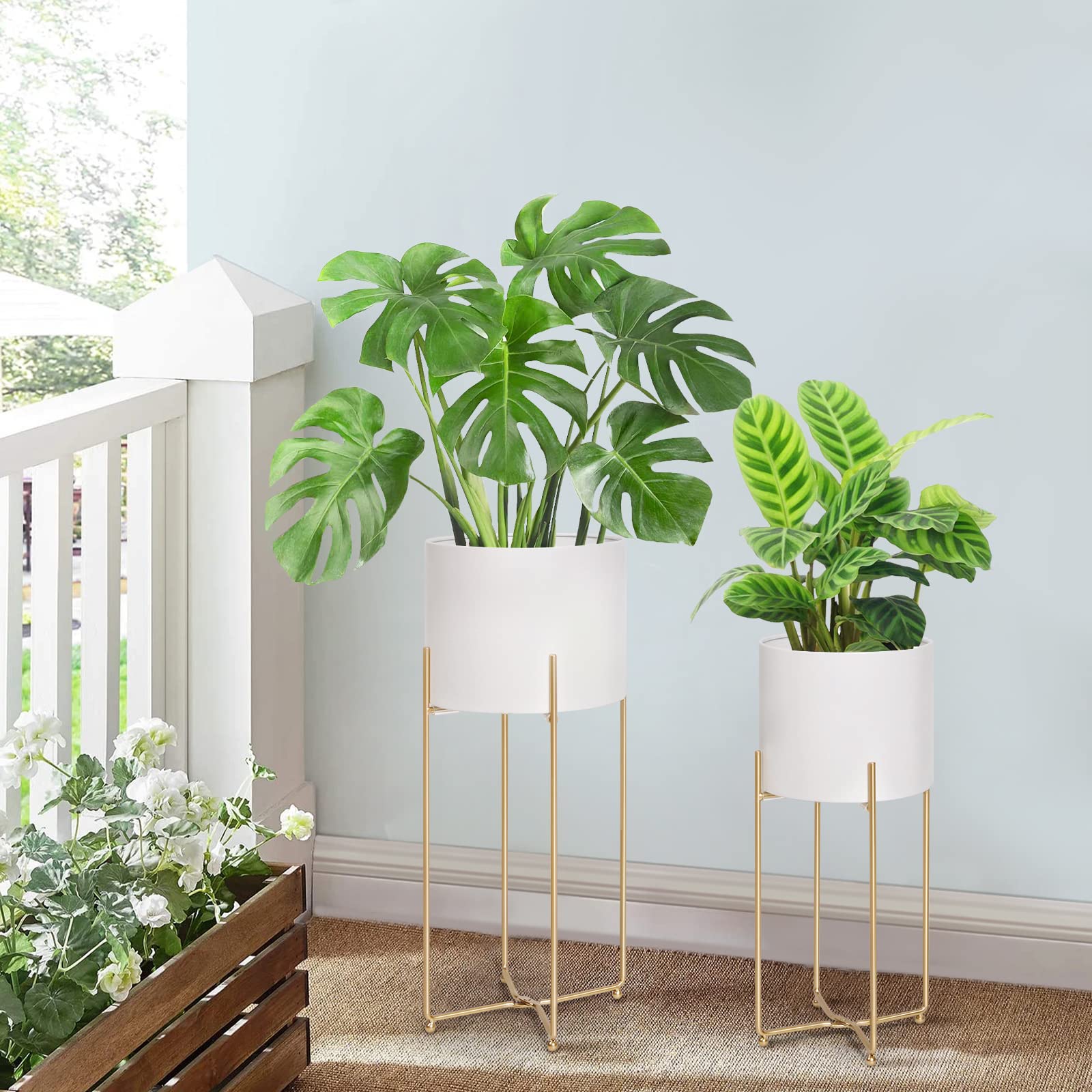 **Elegant White Metal Planters with Gold Stands - Set of 3 Large Indoor Flower Pots for Mid-Century Modern Decor (9/8/7 Inch) - Perfect for Living Room, Corner, Patio & Office Spaces**