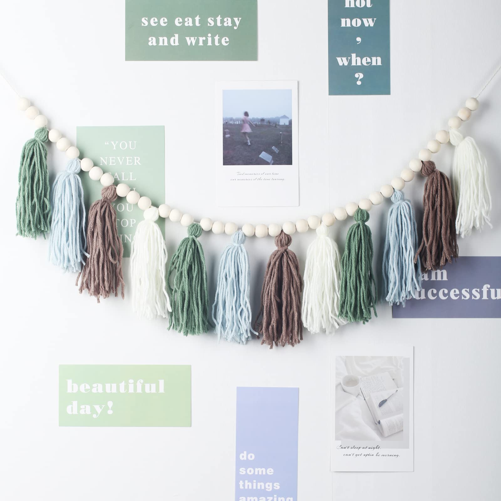 Boho Cotton Tassel Garland with Wood Beads - Wall Hanging Decor for Birthday, Christmas Party, Nursery, Bedroom, Playroom & Baby Shower - Perfect for Boho Home Decor, Classroom & Dorm Room Aesthetic