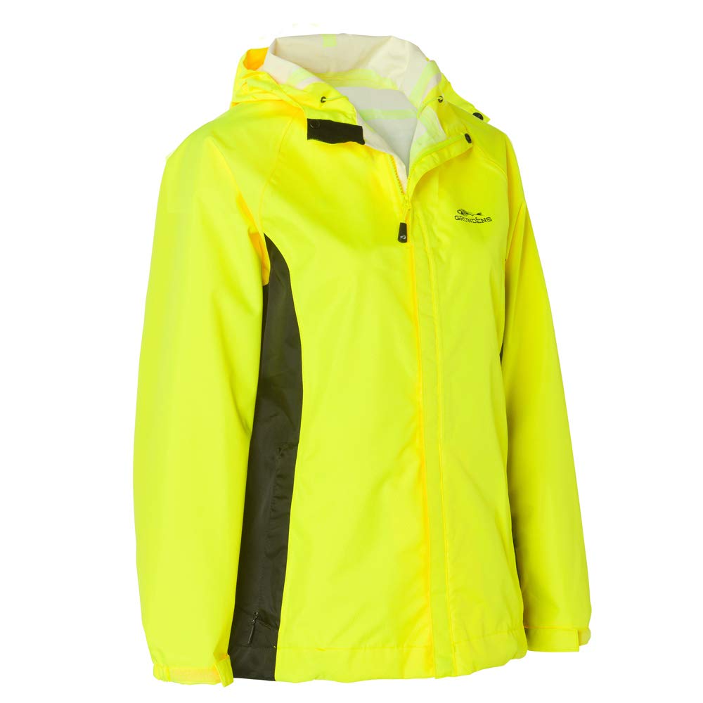 Grundens Women's Waterproof Fishing Jacket with Hood - Hi-Vis Yellow, Stain-Resistant Raincoat for Outdoor Activities | Perfect for Fishing, Hiking & Stormy Weather (Size Large)
