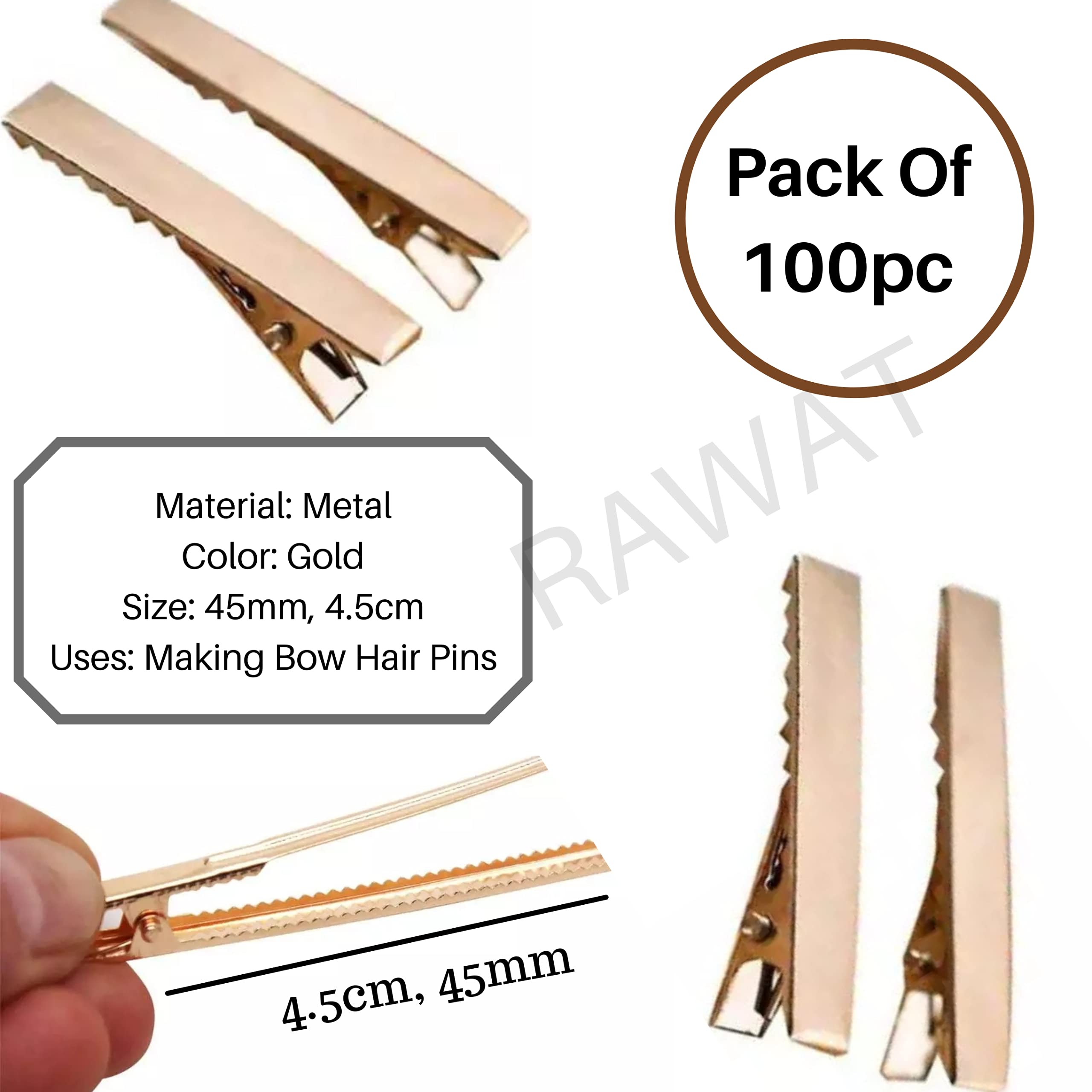 RAWAT Alloy Metal Single Prong Alligator Hair Clips - 4.5CM Gold Hairpins for Women (Pack of 100) | DIY Hair Bows, Updos, Braids & Wedding Hairstyles