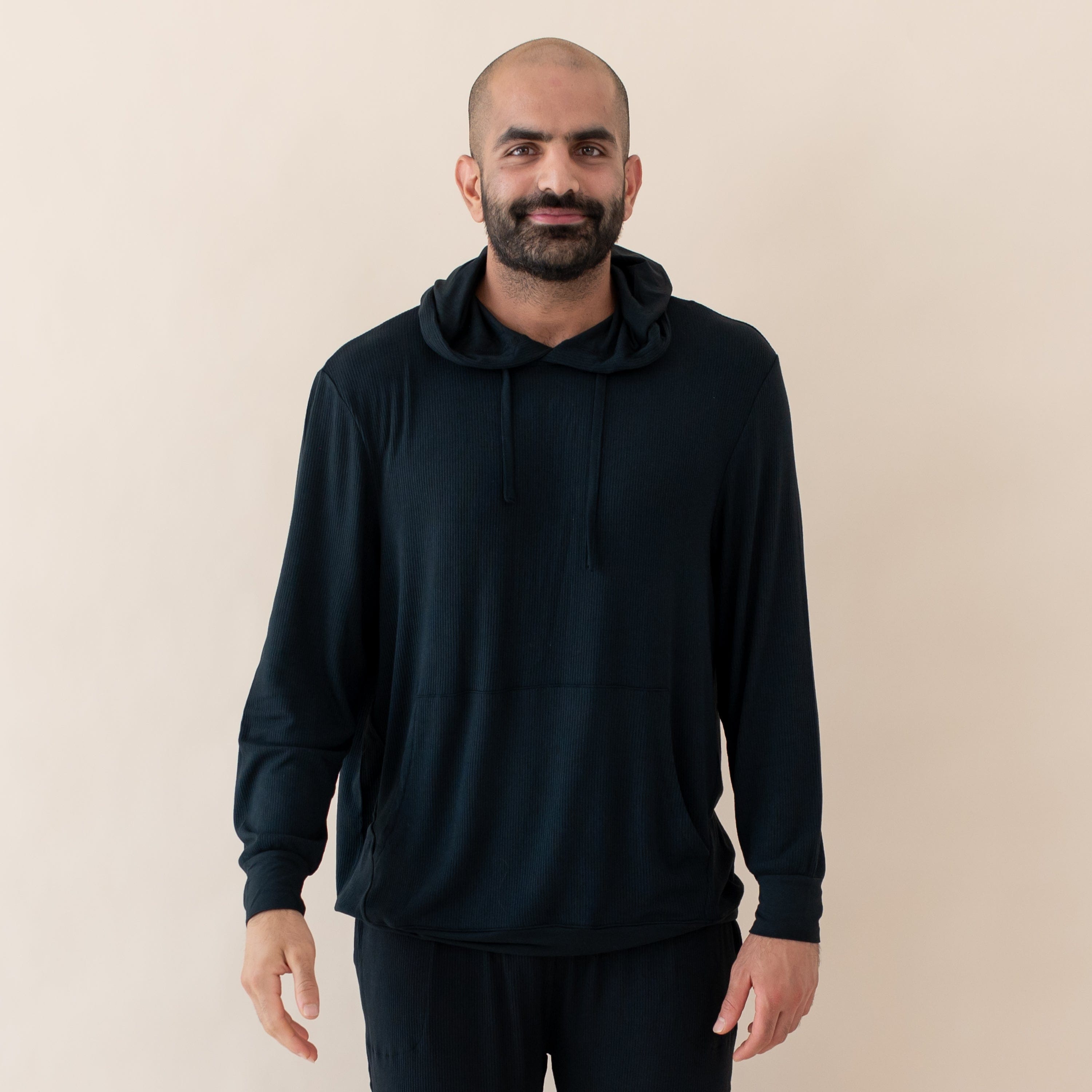 Men's Ribbed Hoodie in Midnight Black - Cozy Pullover Sweatshirt for Casual Wear & Outdoor Activities