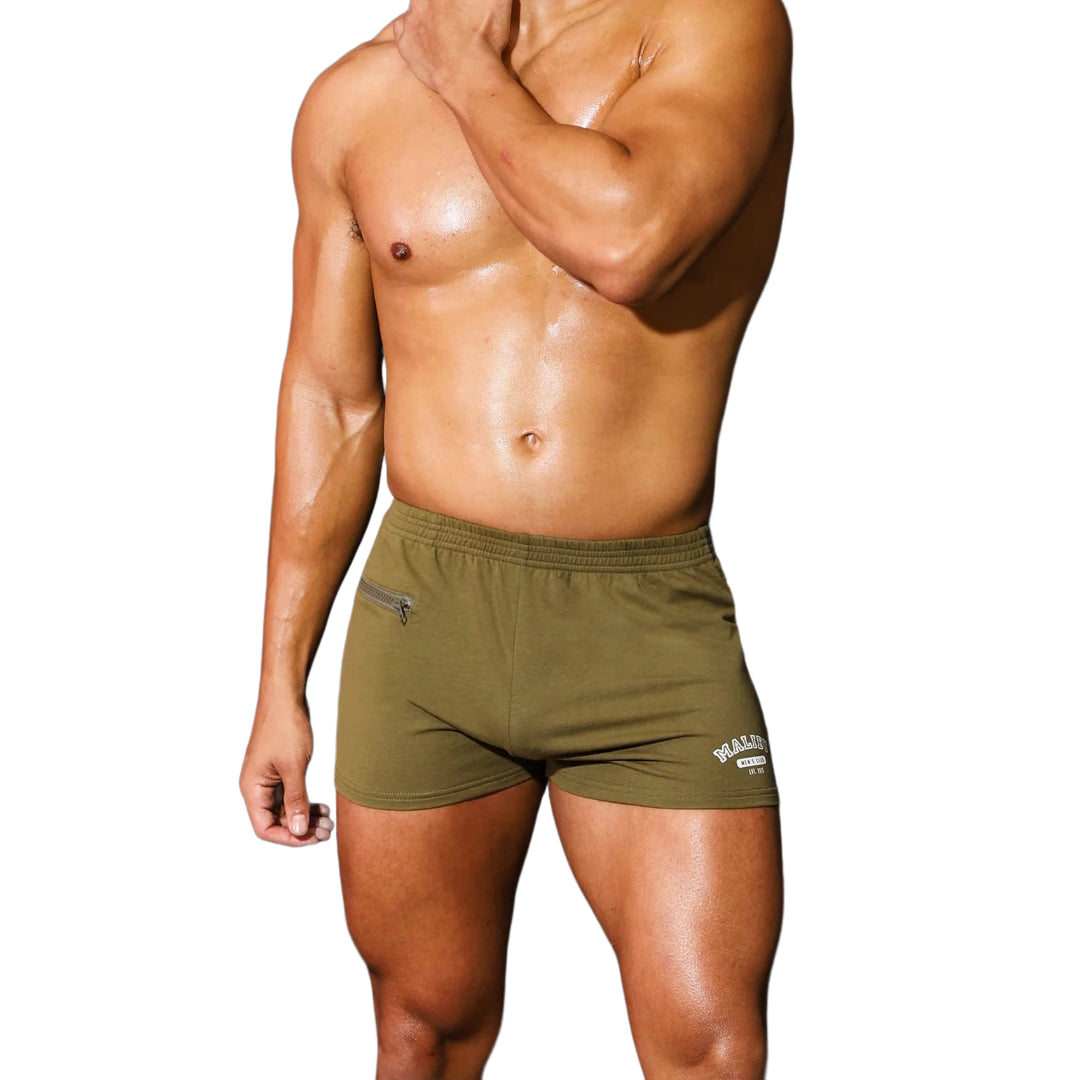 JJ Malibu Varsity 2 Shorts with Zipper Pocket - Olive Green | Men's Athletic Casual Shorts for Running, Gym & Outdoor Activities