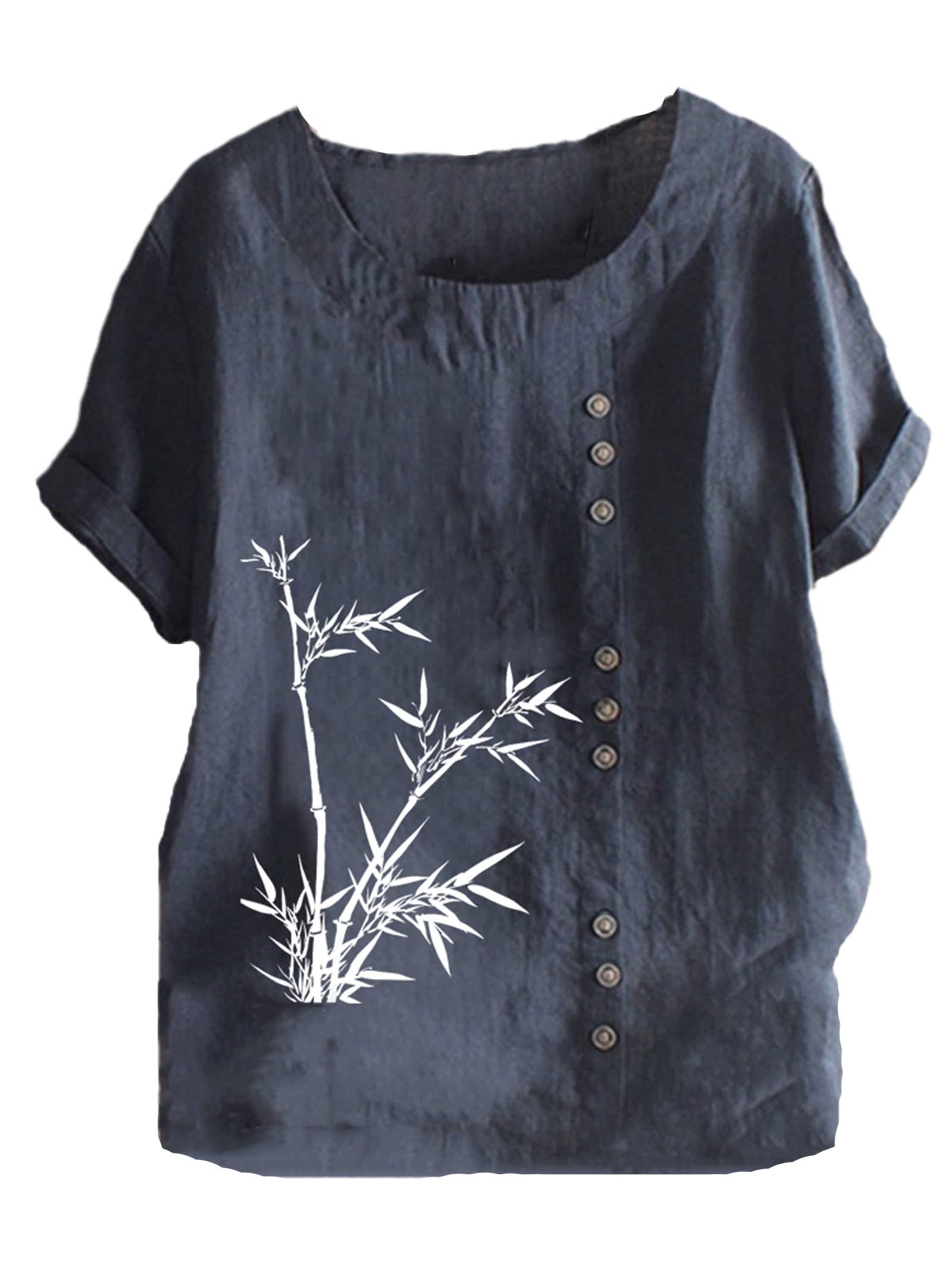 Women's Plus Size Summer Casual Print T-Shirt - Loose Fit Short Sleeve O-Neck Blouse in Navy Blue | Perfect for Beach Outings, Weekend Wear & Casual Summer Fashion