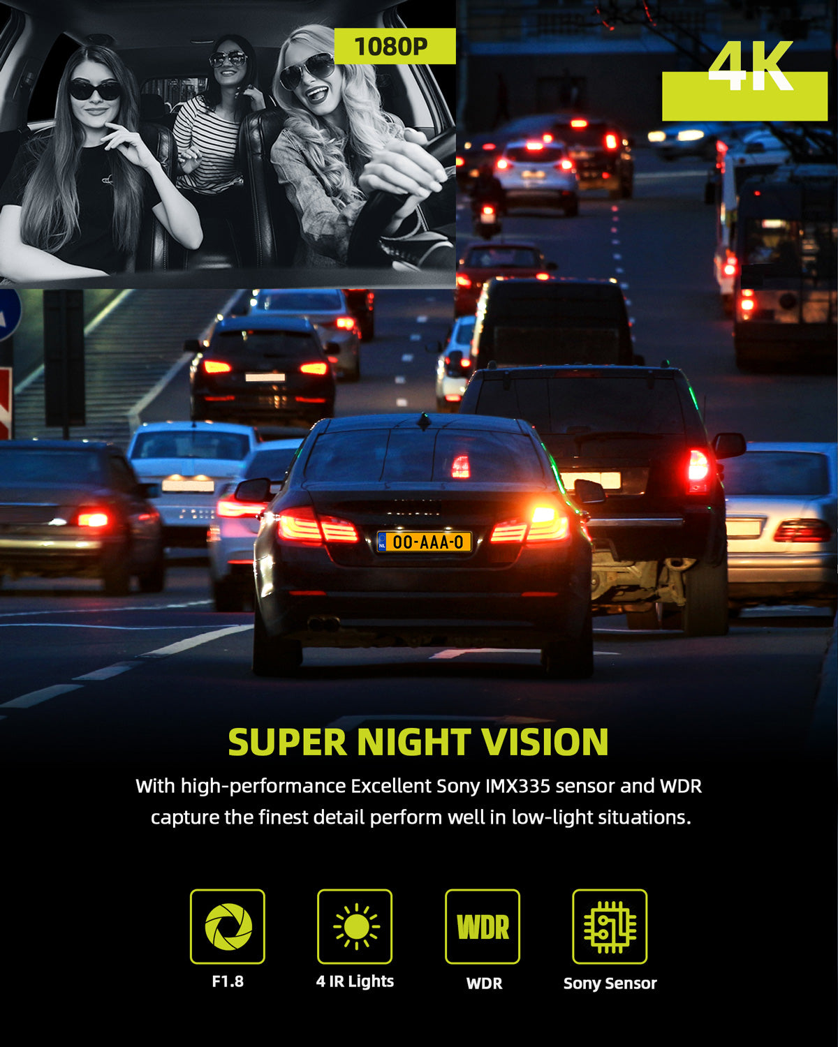 Campark DC14 3-Way 4K WiFi Dash Camera for Cars - Front, Rear & Interior Recording, Night Vision, Parking Monitor - Perfect for Uber, Lyft, Taxi & Fleet Vehicles