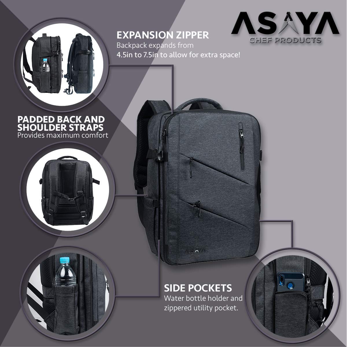 Asaya Professional Chef Knife Backpack with 20-Pocket Knife Roll Bag - Large Capacity Storage for Kitchen Knives & Utensils (30+ Pockets) - Water-Resistant Waxed Nylon with Padded Protection - Perfect for Chefs, Culinary Students & Cooking Enthusiasts (Knives Not Included) - Ideal for Restaurant Work, Culinary School & Outdoor Catering
