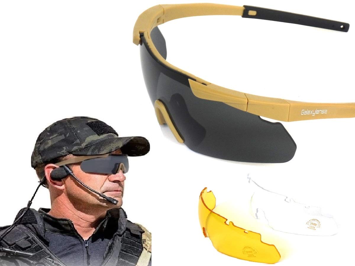 GALAXYLENSE DEA ICE Tactical Combat Glasses for Men - Polarized Shooting & Hunting Glasses with 3 Interchangeable Lenses - UV Protection Military Sunglasses for Outdoor Sports, Tactical Training & Range Shooting
