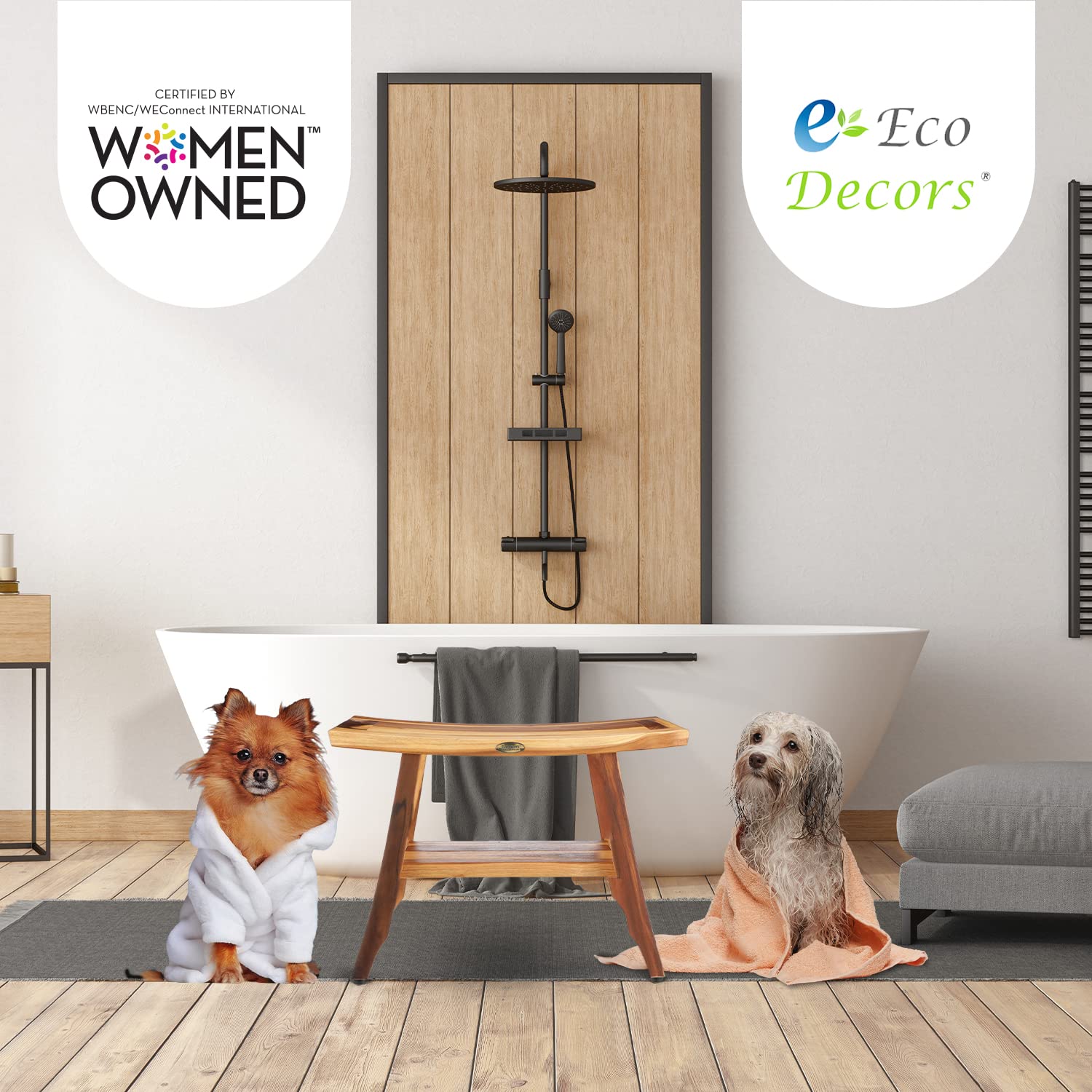EcoDecors 24 Inch Natural Teak Shower Bench - Waterproof Teak Wood Shower Stool with Storage, Non-Slip Bath Seat for Elderly & Disabled Safety - Perfect for Spa, Bathroom Organization & Shower Accessories Storage