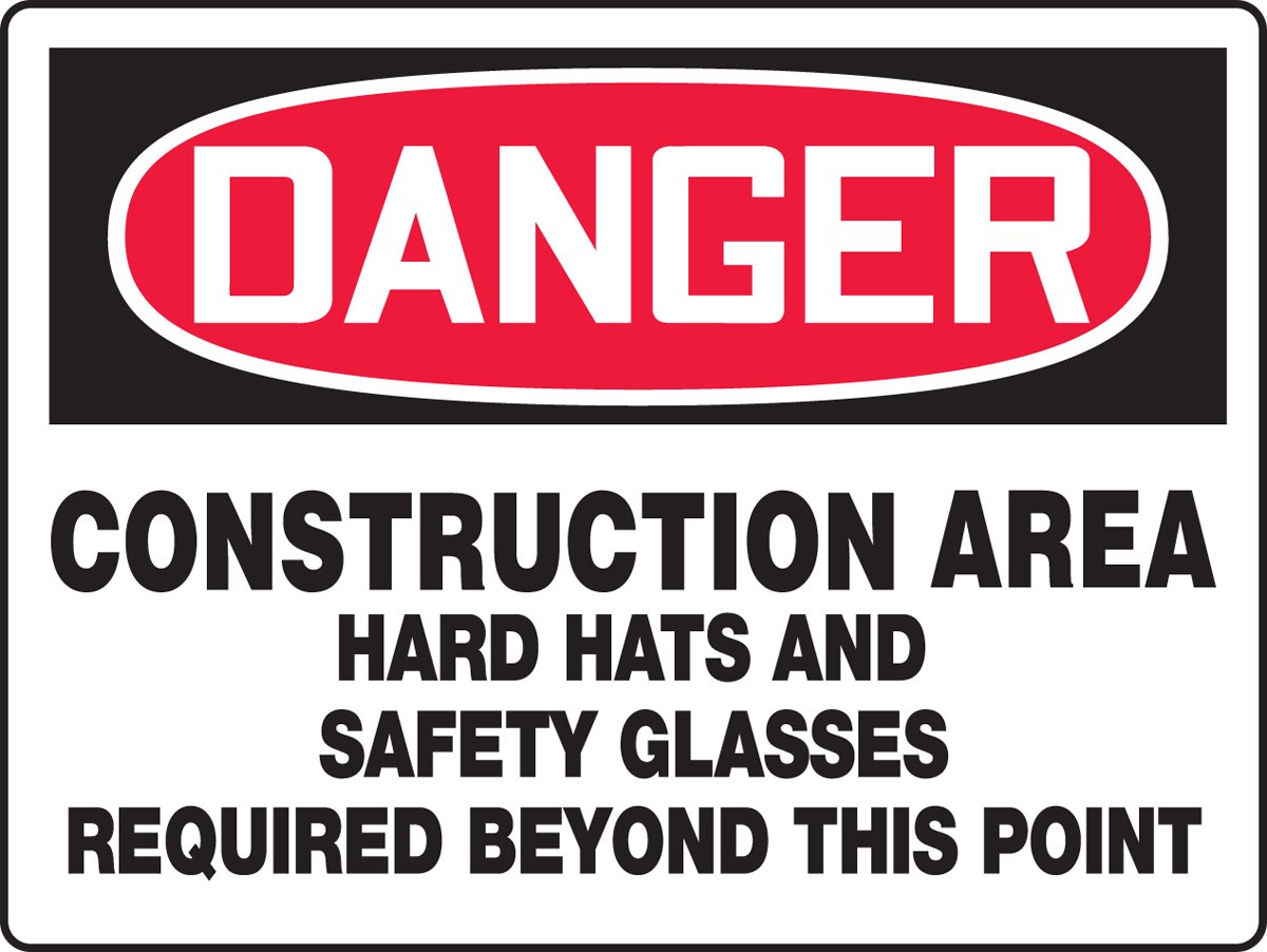 18x24 .187 Polycarbonate Construction Area Hard Hats & Safety Glasses Required Sign - OSHA Compliant Safety Warning for Work Zones & Job Sites