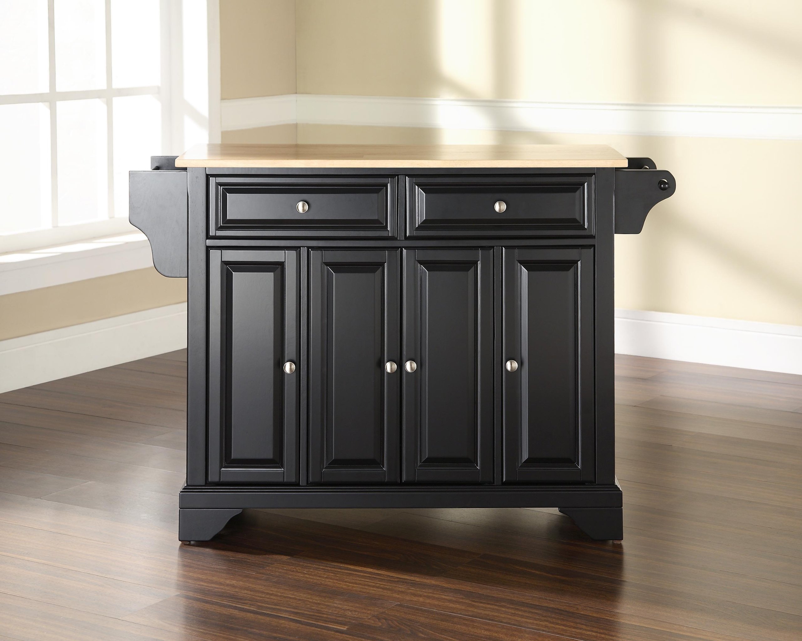 Crosley Lafayette Wood Top Rolling Kitchen Island Cart with Storage - Microwave Stand, Spice Rack, Black - Perfect for Small Kitchens, Pantry Organization & Extra Counter Space