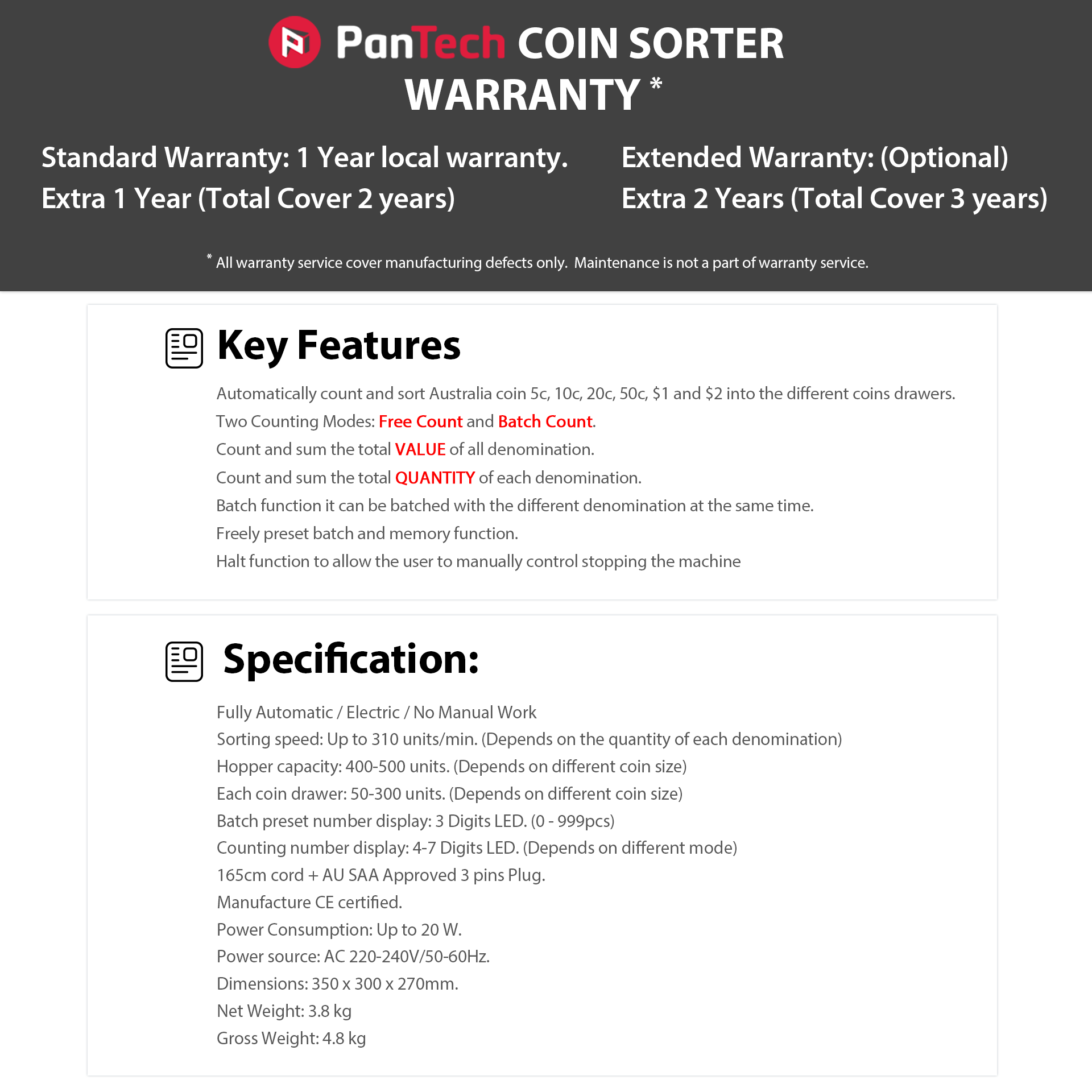 PanTech Automatic Electronic Coin Sorter & Counter Machine for Australian Coins - Fast & Accurate Money Counting (PT CSA BLACK) | Perfect for Banks, Retail Stores, and Home Use