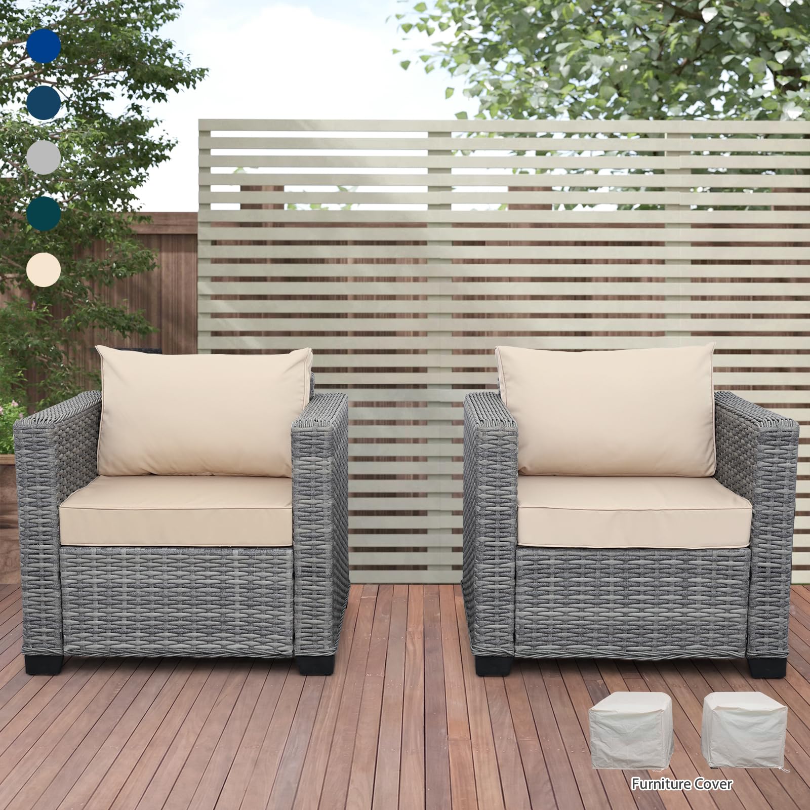 Premium Rattan Outdoor Club Chair Set of 2 - Waterproof Patio Sofa with Anti-Slip Cushions & Protective Cover - Khaki Wicker Lounge Chairs for Garden, Poolside, Deck & Backyard Relaxation