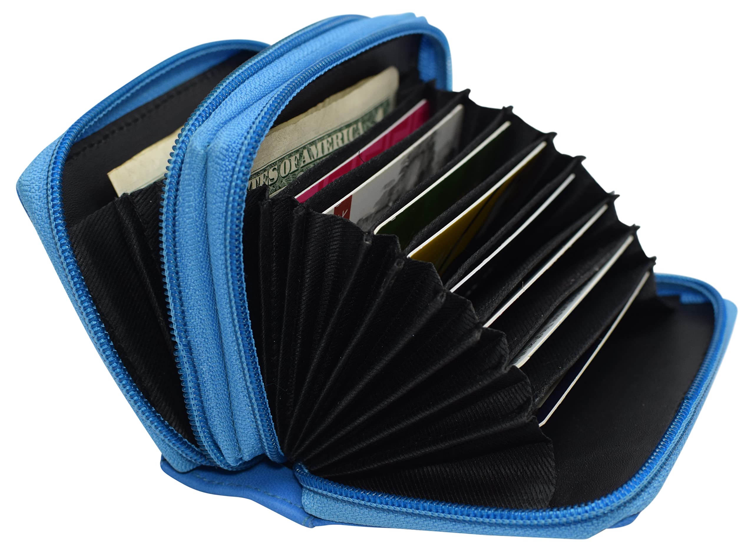 MARSHAL Genuine Leather RFID Blocking Wallet for Men - Double Zipper Accordion Design (Baby Blue) | Slim Bifold Credit Card Holder for Travel & Everyday Use