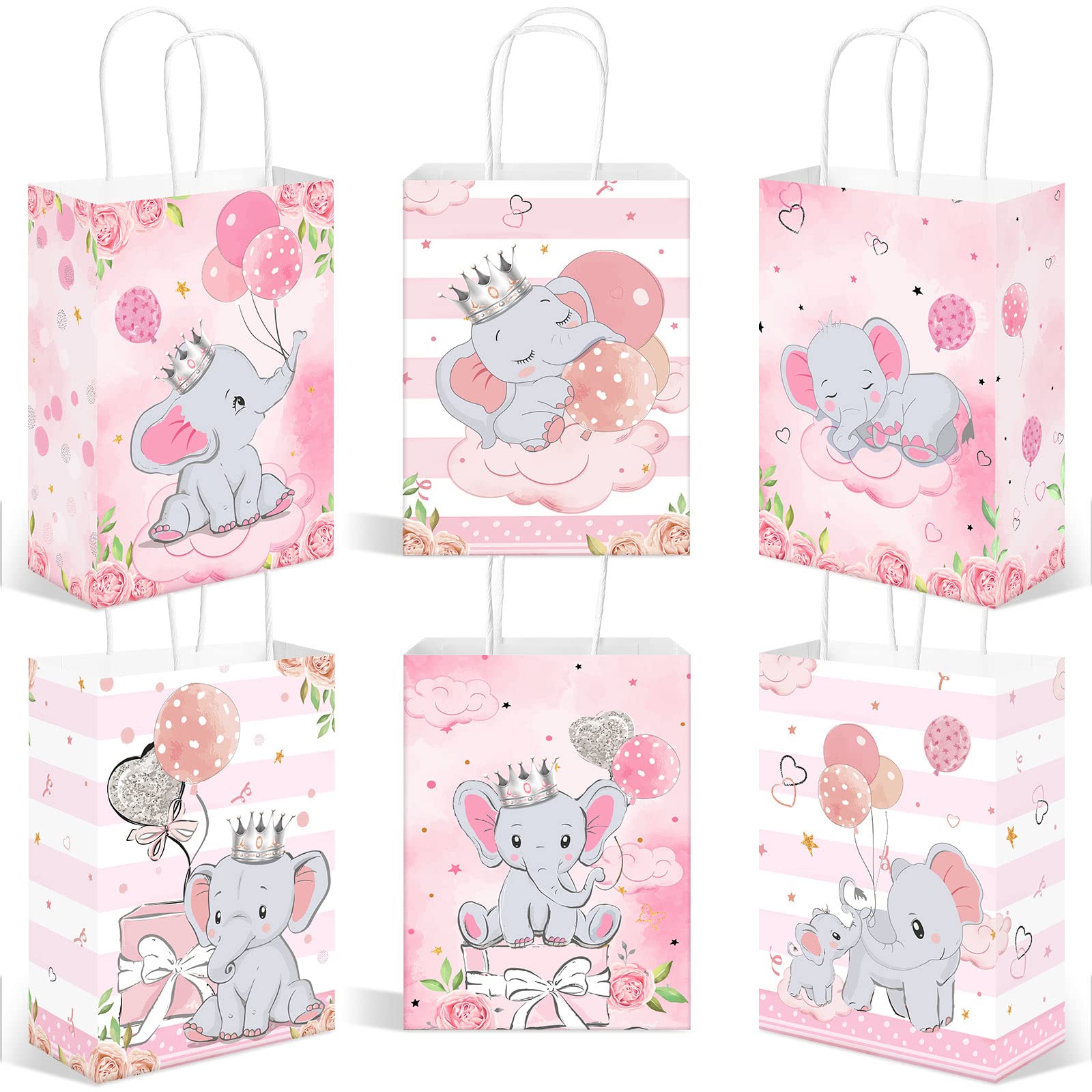 24 Pack Pink Elephant Gift Bags - Baby Shower Treat Bags, Birthday Party Favors, Candy Goodie Bags for New Parents - Sprinkle Themed Party Supplies for Boys, Girls & Kids - Perfect for Baby Showers, Birthday Decorations & Animal Theme Celebrations