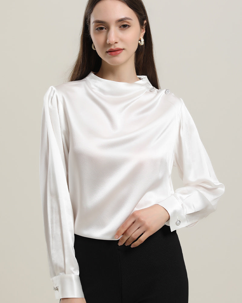 Elegant Mock Neck Silk Blouse with Pearl Buttons - Women's Luxury Blouse for Work, Party & Formal Occasions