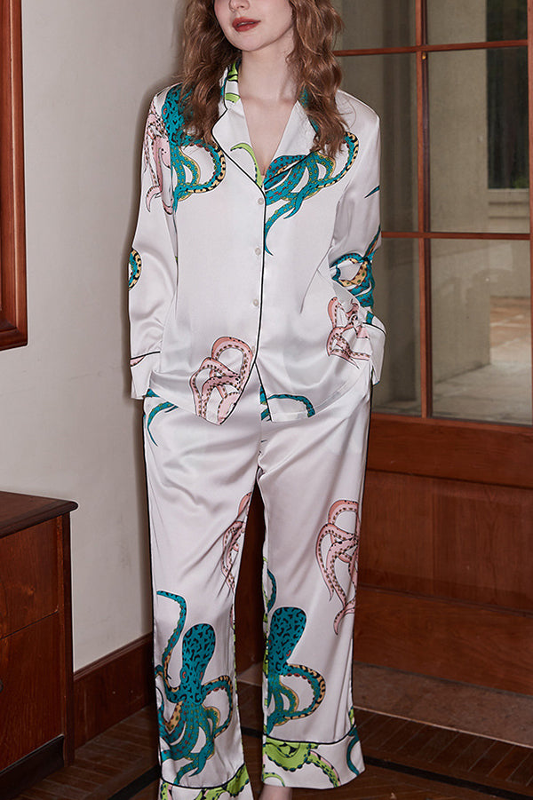 Stylish Octopus Print Long Sleeve Two-Piece Pajama Set for Women - Soft Cotton Loungewear for Home, Sleep & Relaxation