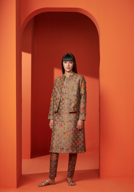 Musafir Jacket - Premium Silk Brocade Olive Green Coat for Women | Elegant Outerwear for Travel, Weddings & Special Occasions