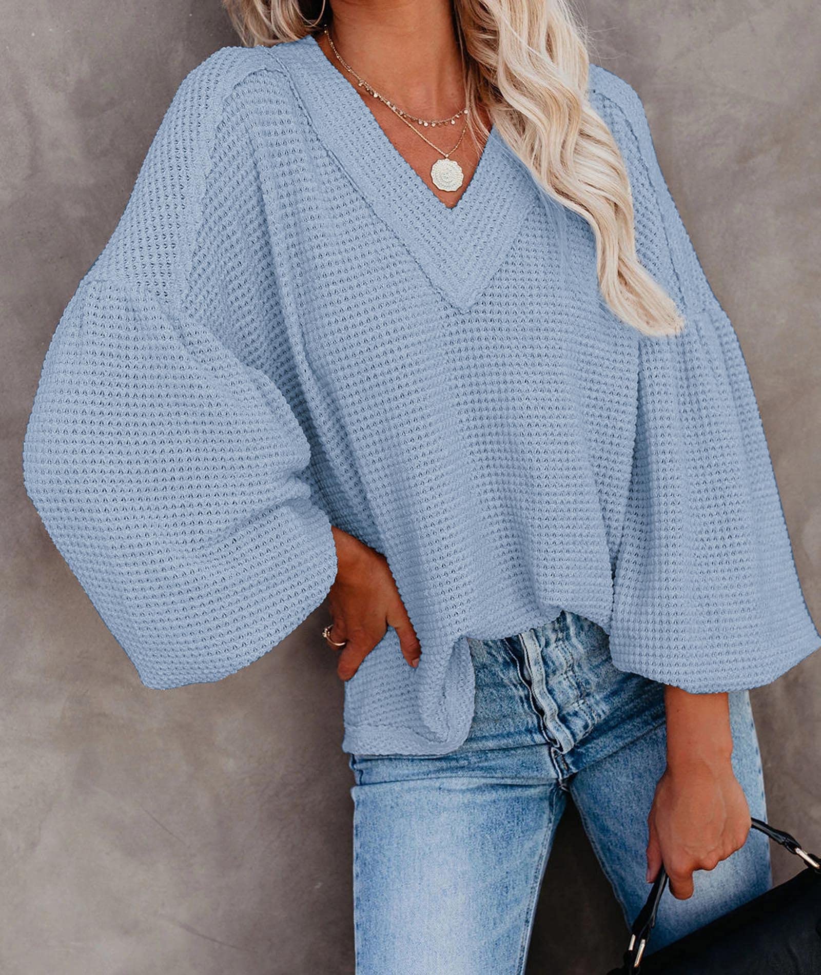 Sexyshine Women's V-Neck Long Lantern Sleeve Oversized Waffle Knit Sweater - Cozy Winter Pullover for Fall & Casual Outfits | Perfect for Date Nights, Office Wear & Holiday Gatherings