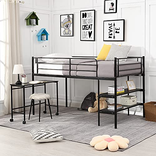 Low Metal Loft Bed with Desk & Shelves - Twin Size Space Saving Kids Bed Frame (Black) - Perfect for Small Bedrooms, Dorm Rooms & Kids' Study Areas