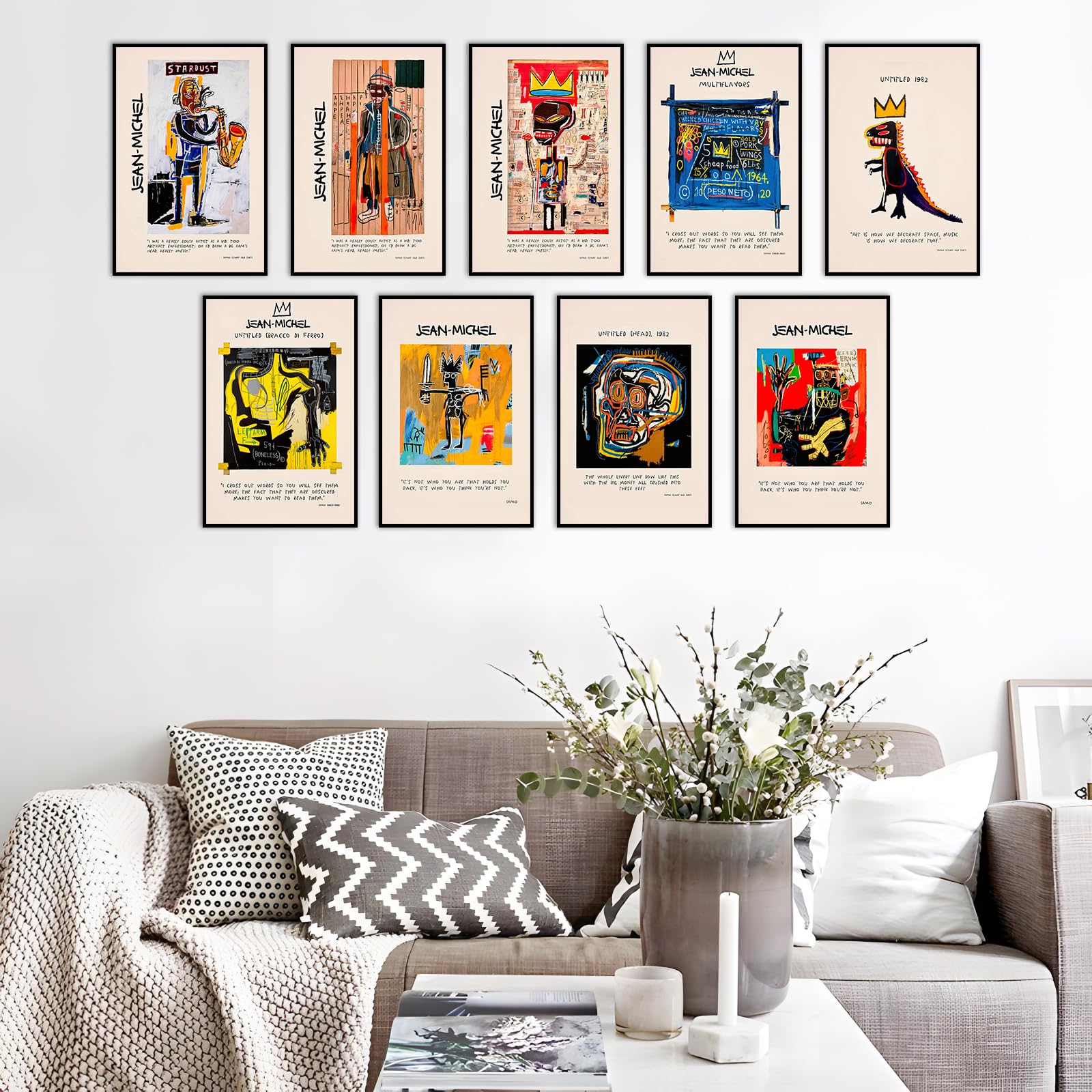 VejiA Set of 9 Jean Michel Basquiat Inspired Graffiti Wall Art Posters - Abstract Street Art Decor, Banksy Style Unframed Prints (8x12 Inches) - Perfect for Living Room, Bedroom, Office & Urban Home Decor
