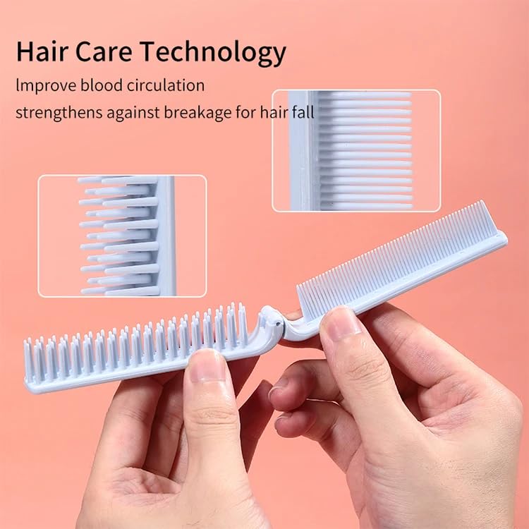 2 in 1 Folding Hair Brush & Comb - Double Headed Massage Plastic Portable Travel Hairbrush for Men & Women - Perfect for Travel, Gym, Purse & On-the-Go Styling