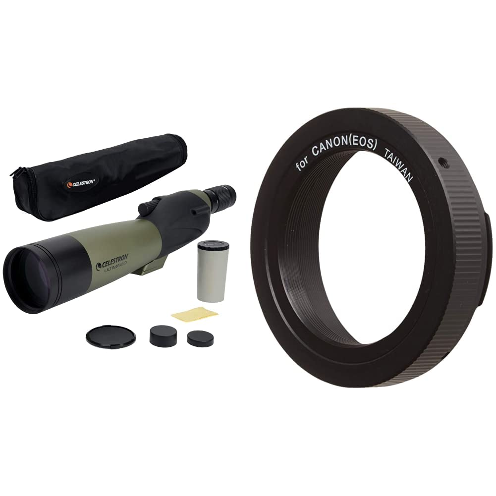 Celestron Ultima 80 Straight Spotting Scope - 20-60x80mm Zoom Eyepiece with Soft Carrying Case & Canon EOS T-Ring - Ideal for Bird Watching, Hunting, and Astronomy (Black)