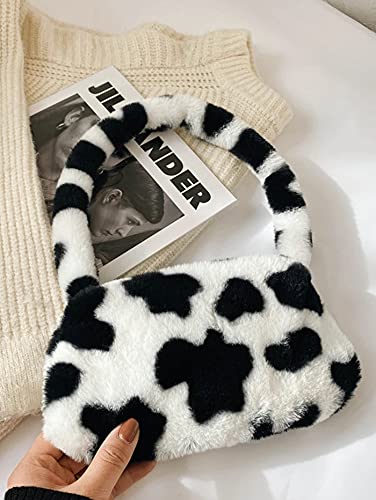 Women's Fluffy Faux Fur Cow Print Shoulder Bag - Trendy Clutch Purse & Underarm Handbag with Zipper - Stylish Satchel Tote for Parties, Date Nights & Casual Outings