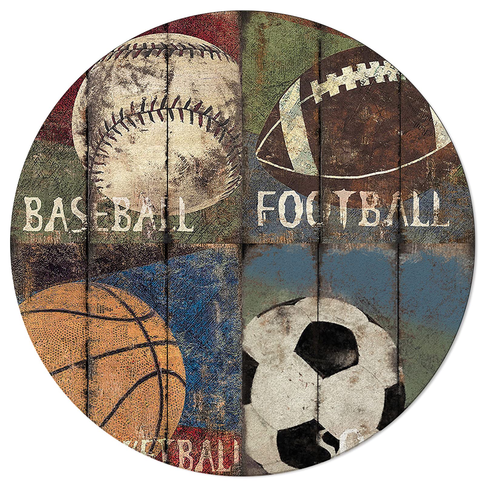 5FT Round Washable Sports Area Rug - Basketball Soccer Rugby Football Design for Kids Bedroom & Living Room | Rustic Red Green Blue Wood Grain Farmhouse Style | Indoor Outdoor Floor Mat for Playroom, Dorm, Game Room