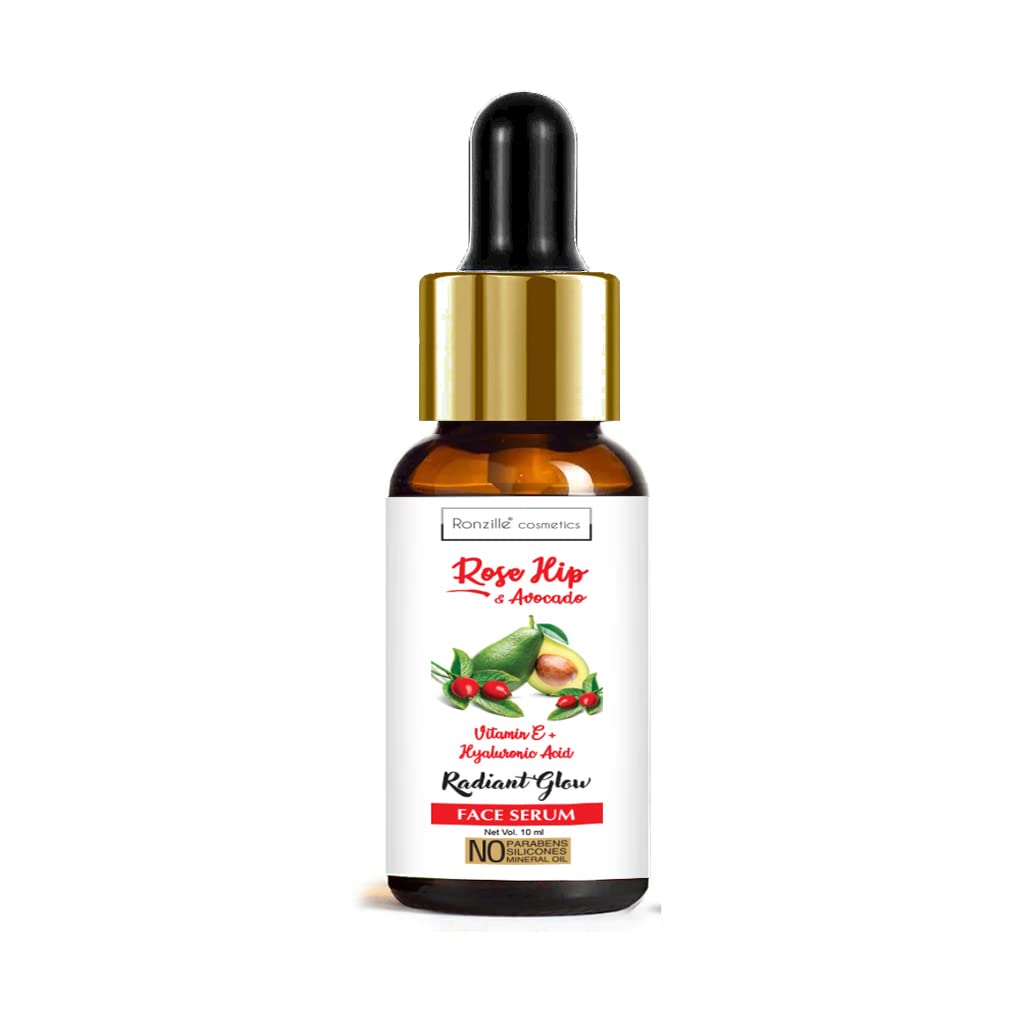 RONZILLE Rose Hip & Avocado Vitamin E + Hyaluronic Acid Face Serum for Radiant Glow - 10ml | Anti-Aging, Hydrating & Brightening Skincare | Perfect for Daily Use & Night Routine