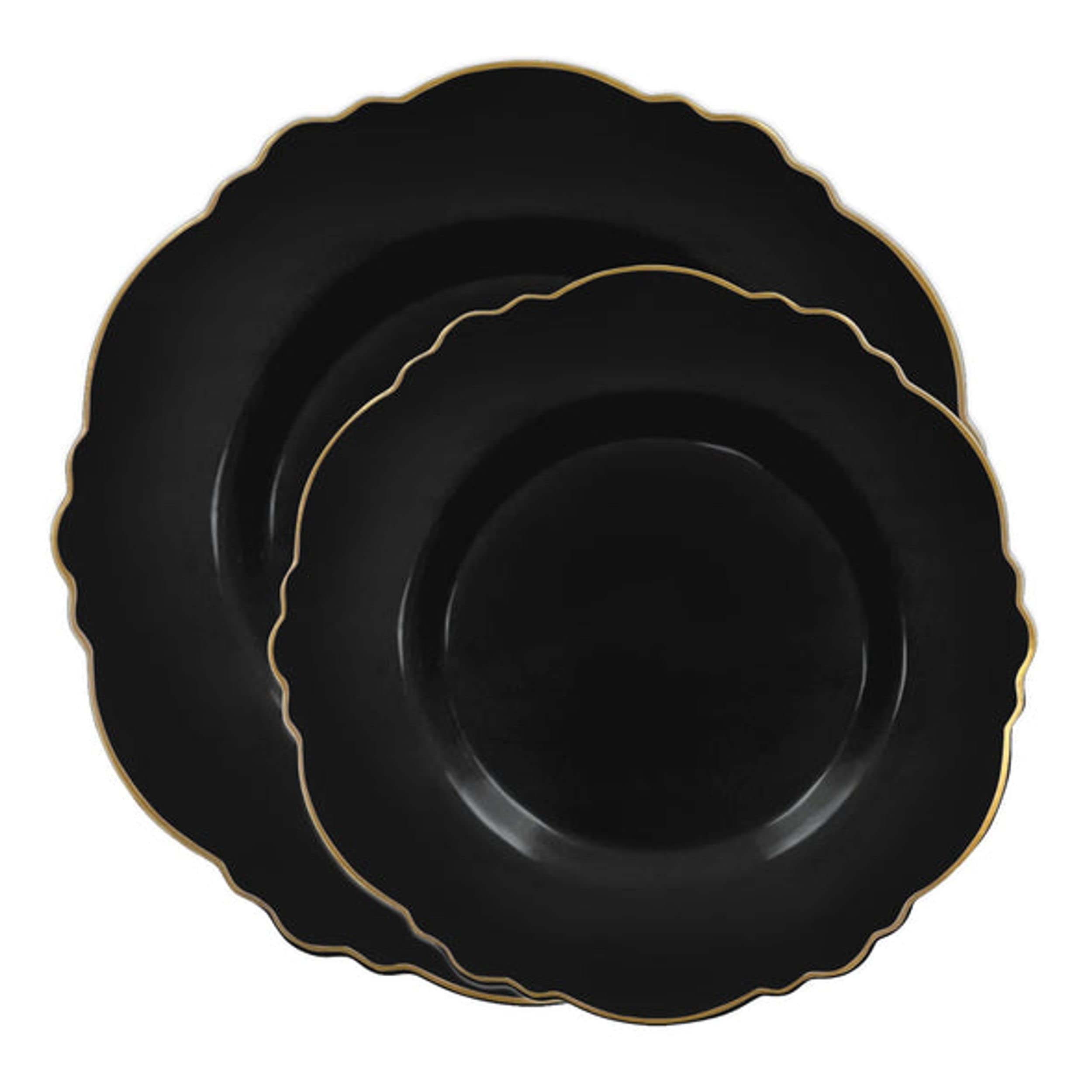 Eco-Friendly Disposable Plastic Plates - 240-Piece Round Blossom Dinnerware Set (120 Dinner Plates + 120 Salad Plates) in Elegant Black & Gold for Wedding, Birthday Party, Catering & Special Events - Bulk Disposable Tableware for Easy Cleanup